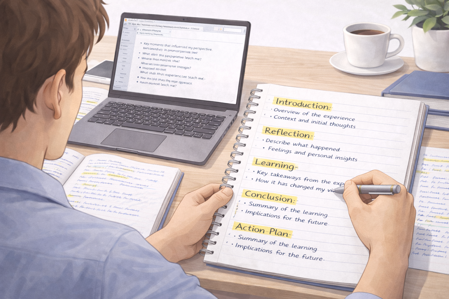 University student writing a reflective essay at a desk, with a notebook showing key headings such as Introduction, Reflection, Learning, and Conclusion, alongside a laptop displaying supporting notes in a focused academic setting.