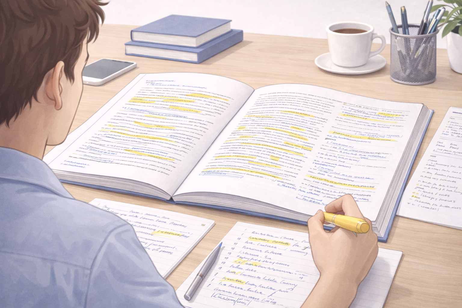 University student comparing two academic texts side by side at a desk, with highlighted passages and handwritten notes visible, studying in a clean, neutral scholarly environment.