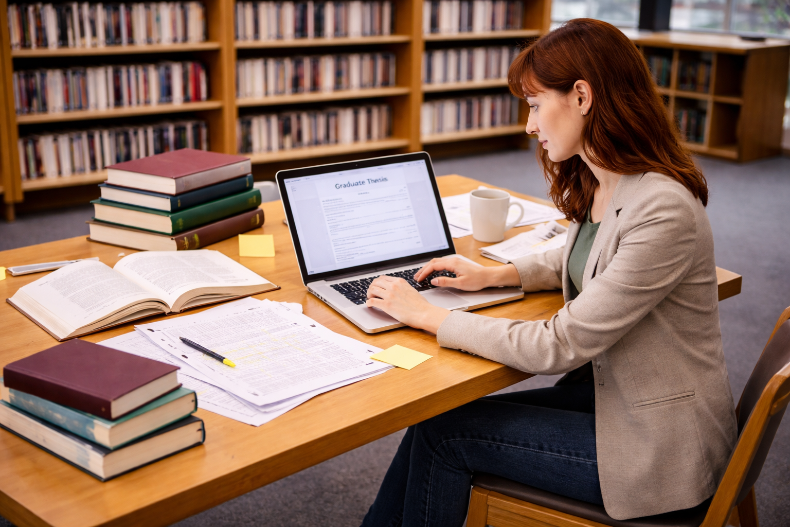 Graduate student writing a thesis on a laptop at a university library desk with academic books, research papers, and notes arranged in a clean, professional study environment