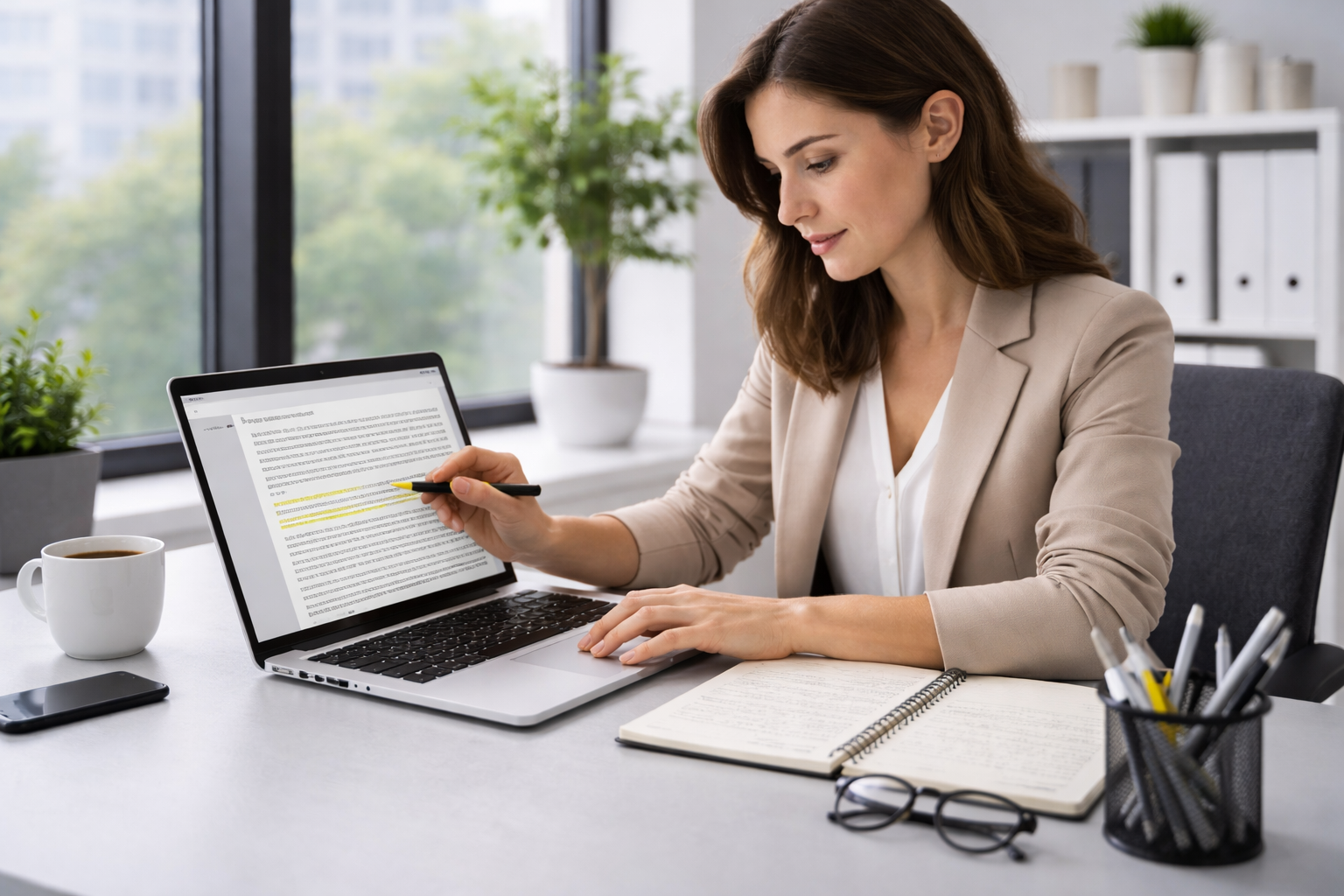 Professional woman editing a thesis on a laptop with a highlighter at a clean, organized office desk in a modern workspace