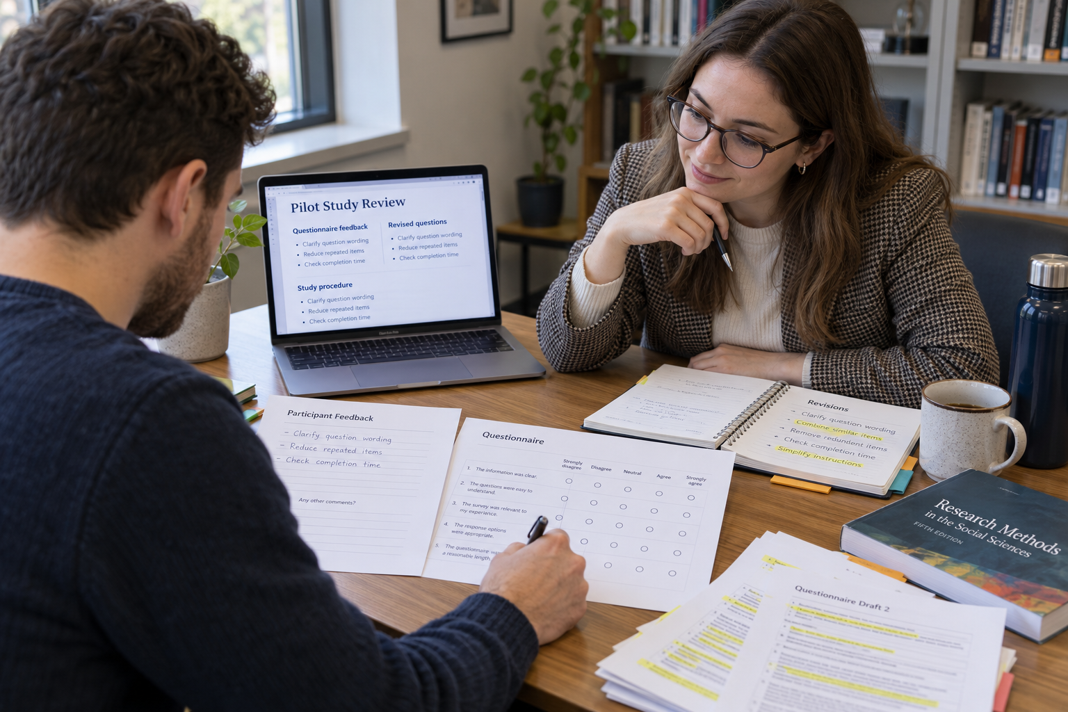 Graduate researcher testing a questionnaire with a participant and reviewing feedback to refine the research design.