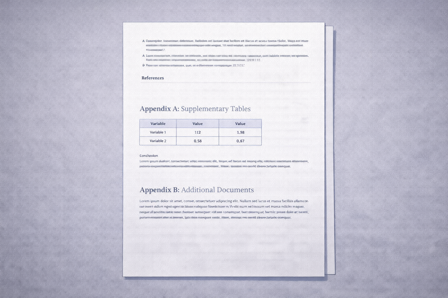 Minimalist academic illustration of a university report with labelled appendices (Appendix A and Appendix B), supplementary tables, and structured documents positioned after the reference list, presented in a clean scholarly style with neutral colours.