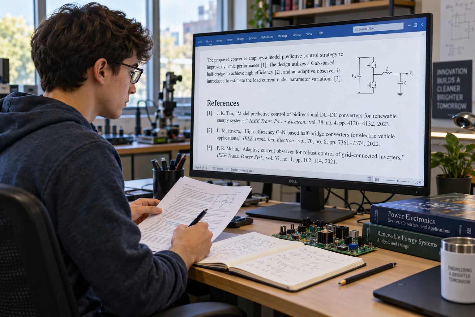 Engineering student reviewing IEEE numbered citations and a technical reference list on a computer monitor.