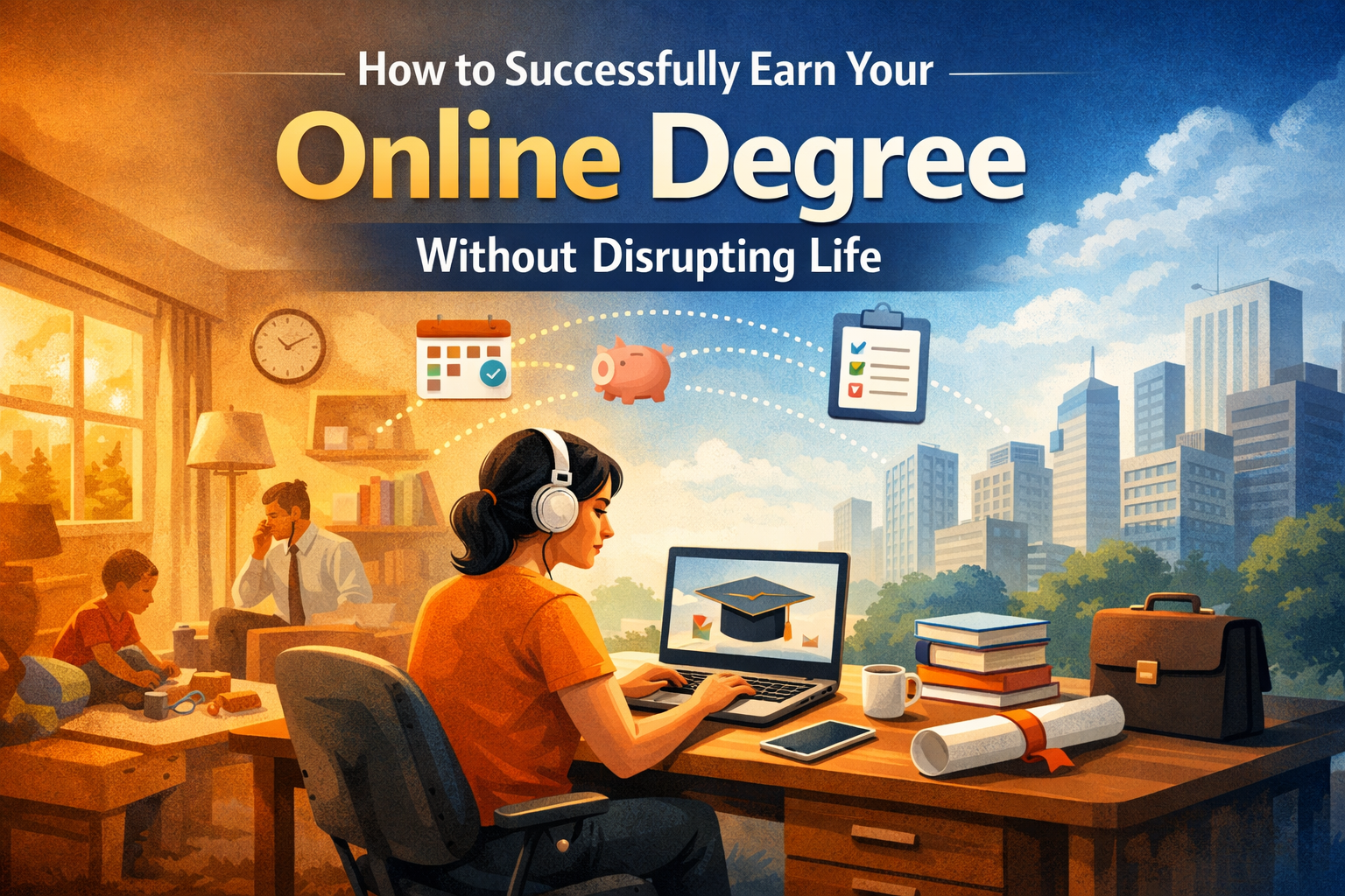 Adult learner studying for an online degree at home while balancing work and family life.
