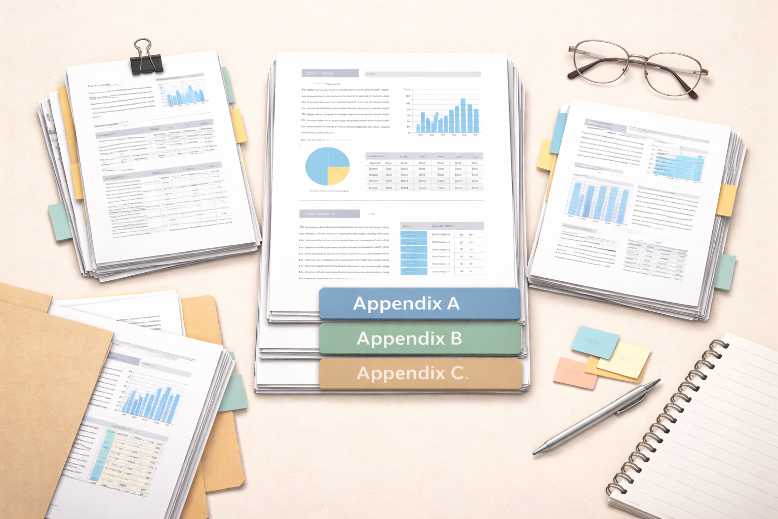 Minimalist academic illustration showing a structured research paper with clearly separated appendix sections, neatly organised data tables and supporting documents arranged on a clean desk, presented in a professional scholarly university-style aesthetic.