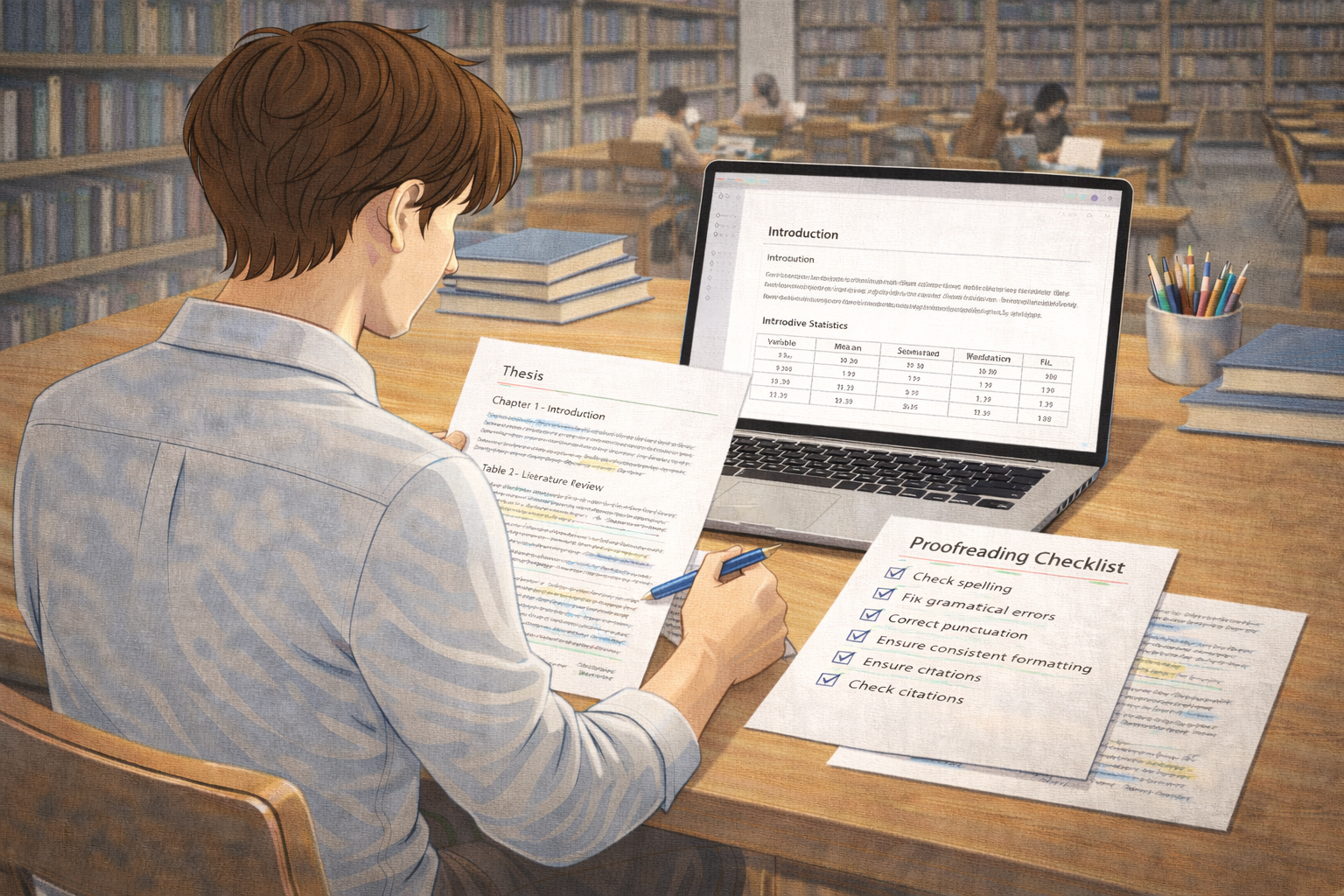 Academic illustration of a postgraduate student reviewing a printed thesis with clear margins, numbered chapters, and formatted tables, using a proofreading checklist beside a laptop in a quiet university library setting.
