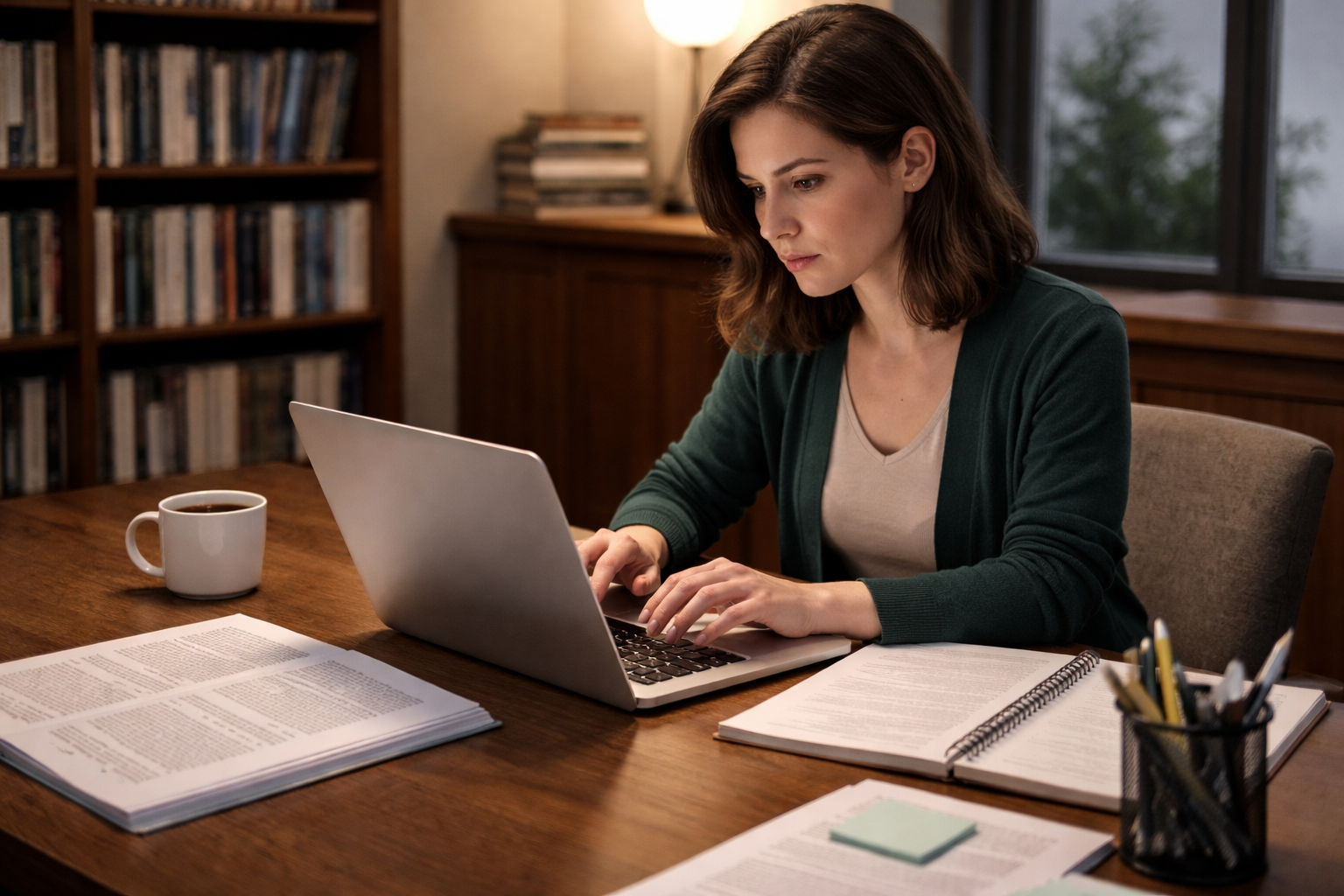 PhD student focused on writing a thesis on a laptop in a quiet study room with minimal books and notes in a clean academic setting