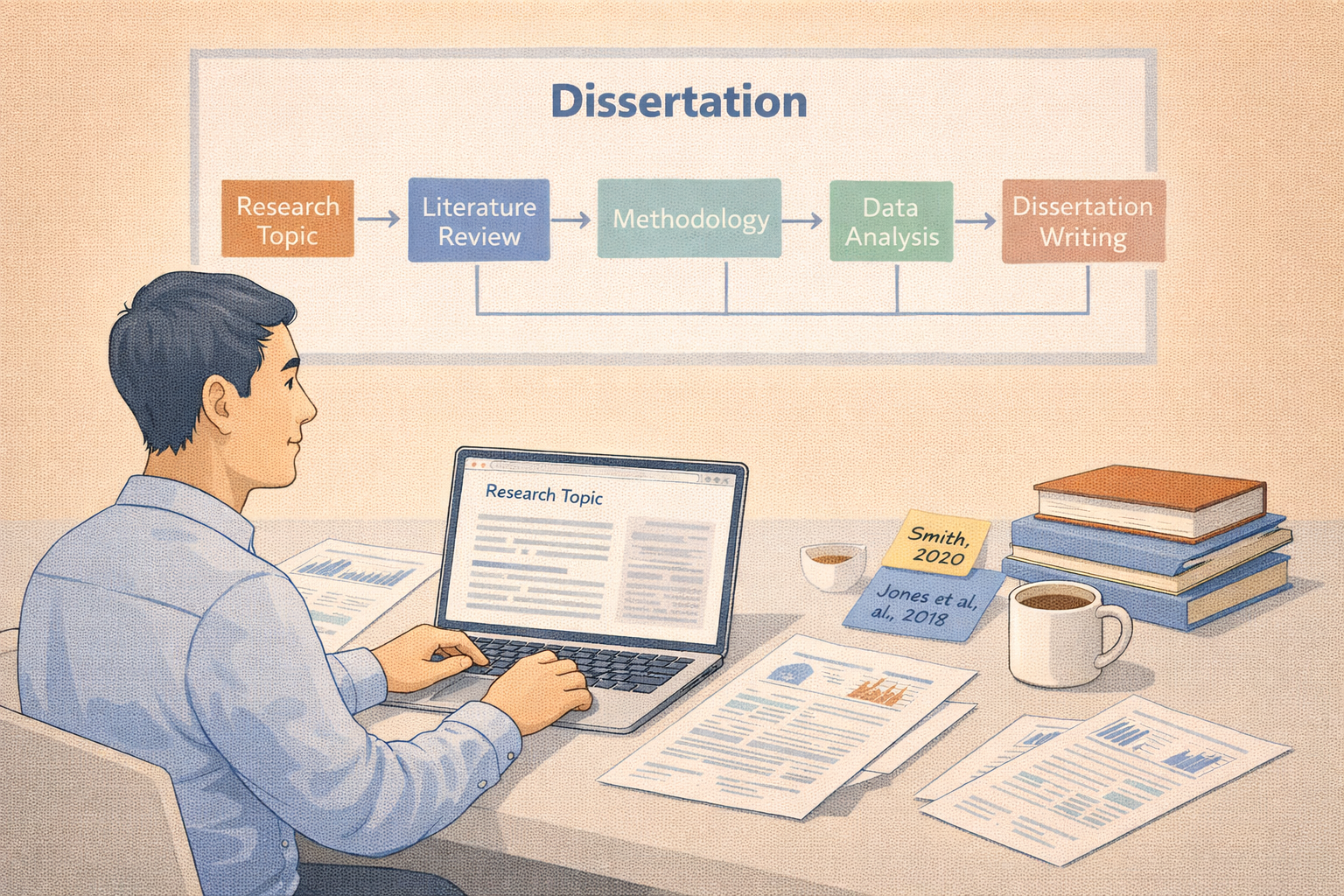 Clean academic illustration of a PhD student researching at a desk with books, research papers, and a laptop, alongside a visual flowchart showing dissertation stages from research topic to literature review, methodology, data analysis, and dissertation writing.