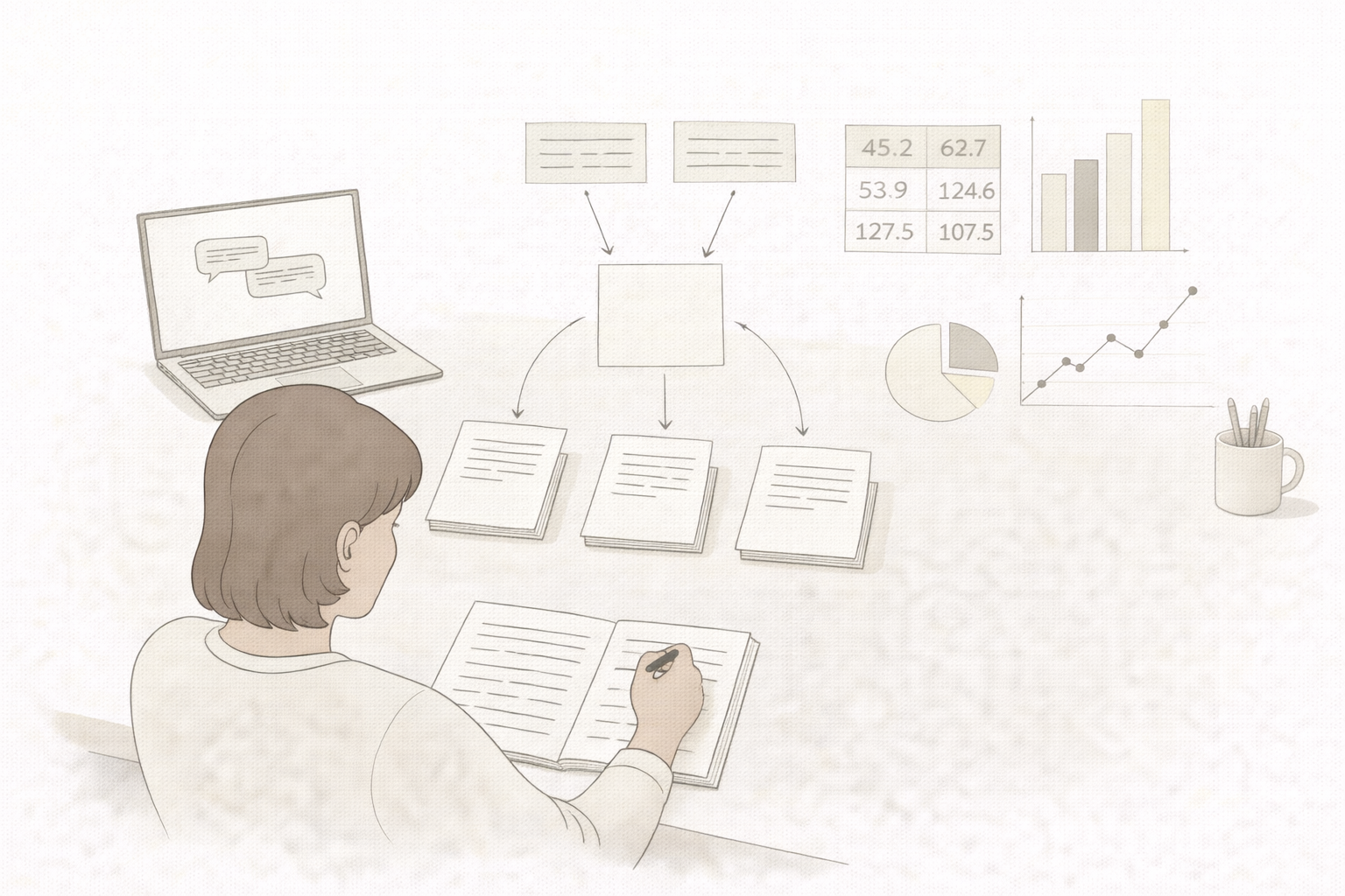 Minimalist academic illustration of a university student organising research methods on a desk, arranging papers, notes, and analytical materials in a professional, neutral-toned university setting.