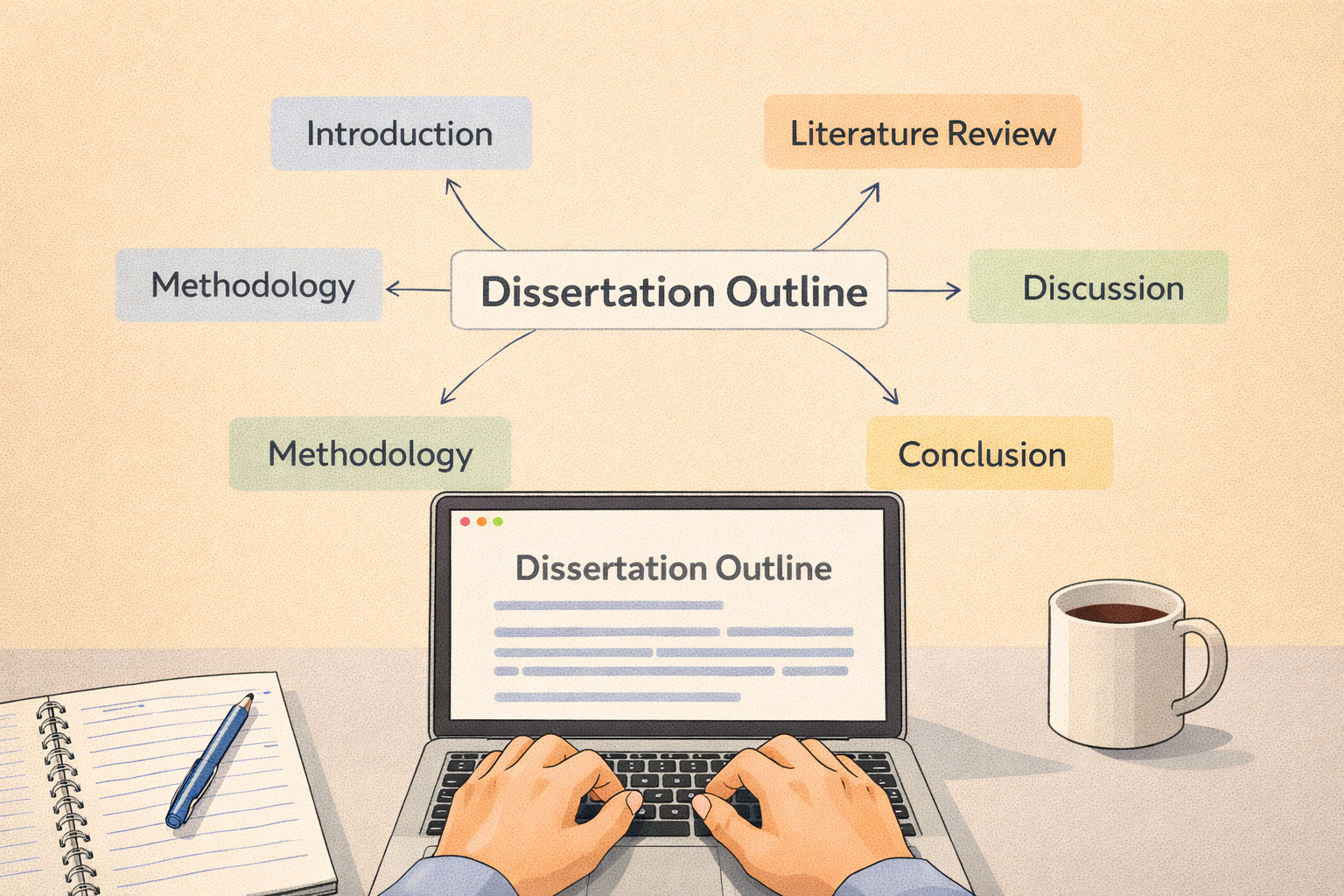 Minimalist academic illustration of a student working on a laptop with a dissertation outline diagram, showing labeled sections including Introduction, Literature Review, Methodology, Findings, Discussion, and Conclusion arranged around the workspace.
