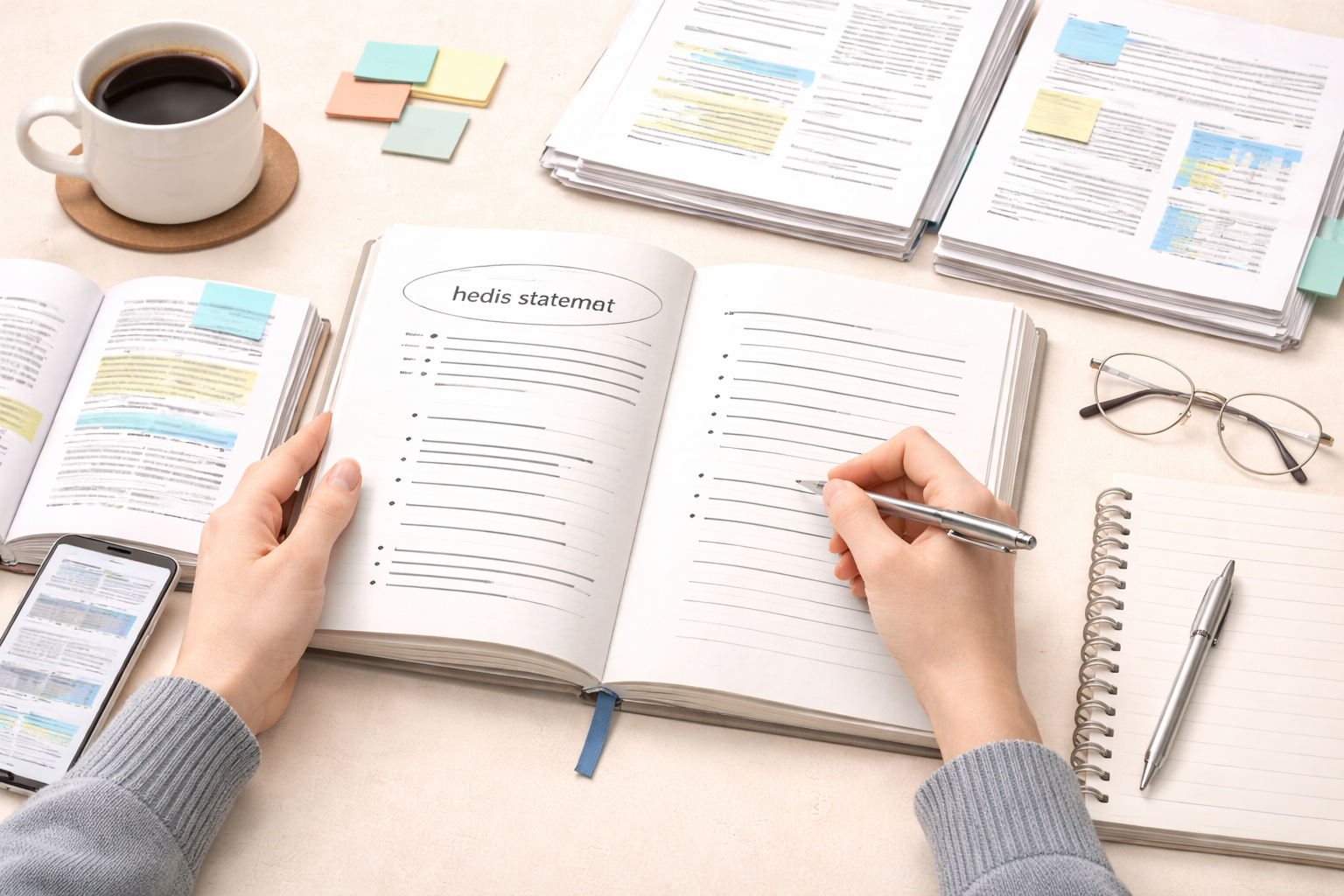 Minimalist academic illustration depicting a student seated at a desk drafting a thesis statement, surrounded by research notes and a neatly structured essay outline, rendered in neutral professional tones with a clean university-style aesthetic.
