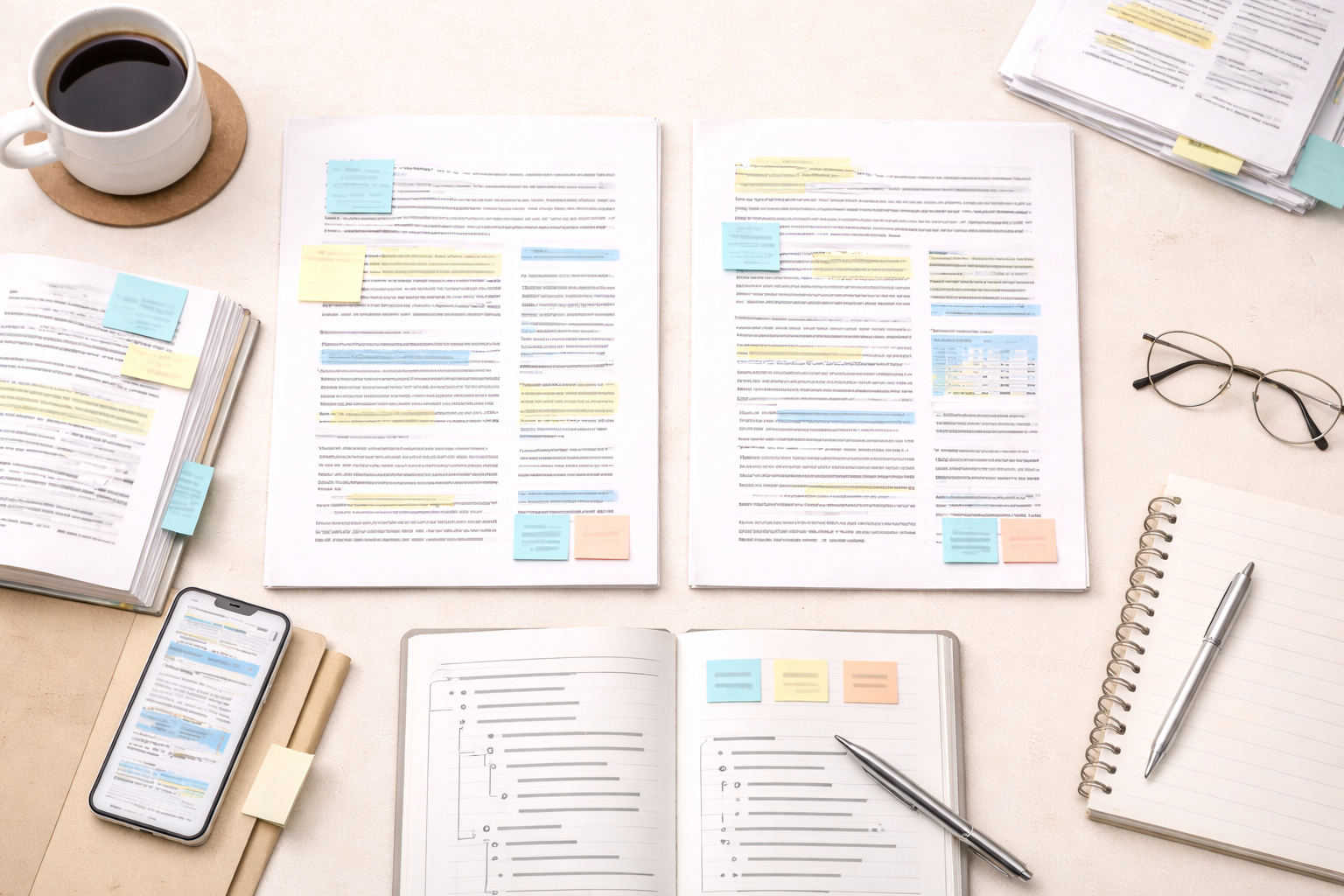 Minimalist academic illustration showing two neatly organised essay drafts placed side by side on a desk, with annotated notes, highlighted sections, and a structured outline nearby, presented in neutral professional tones and a clean university-style research aesthetic.