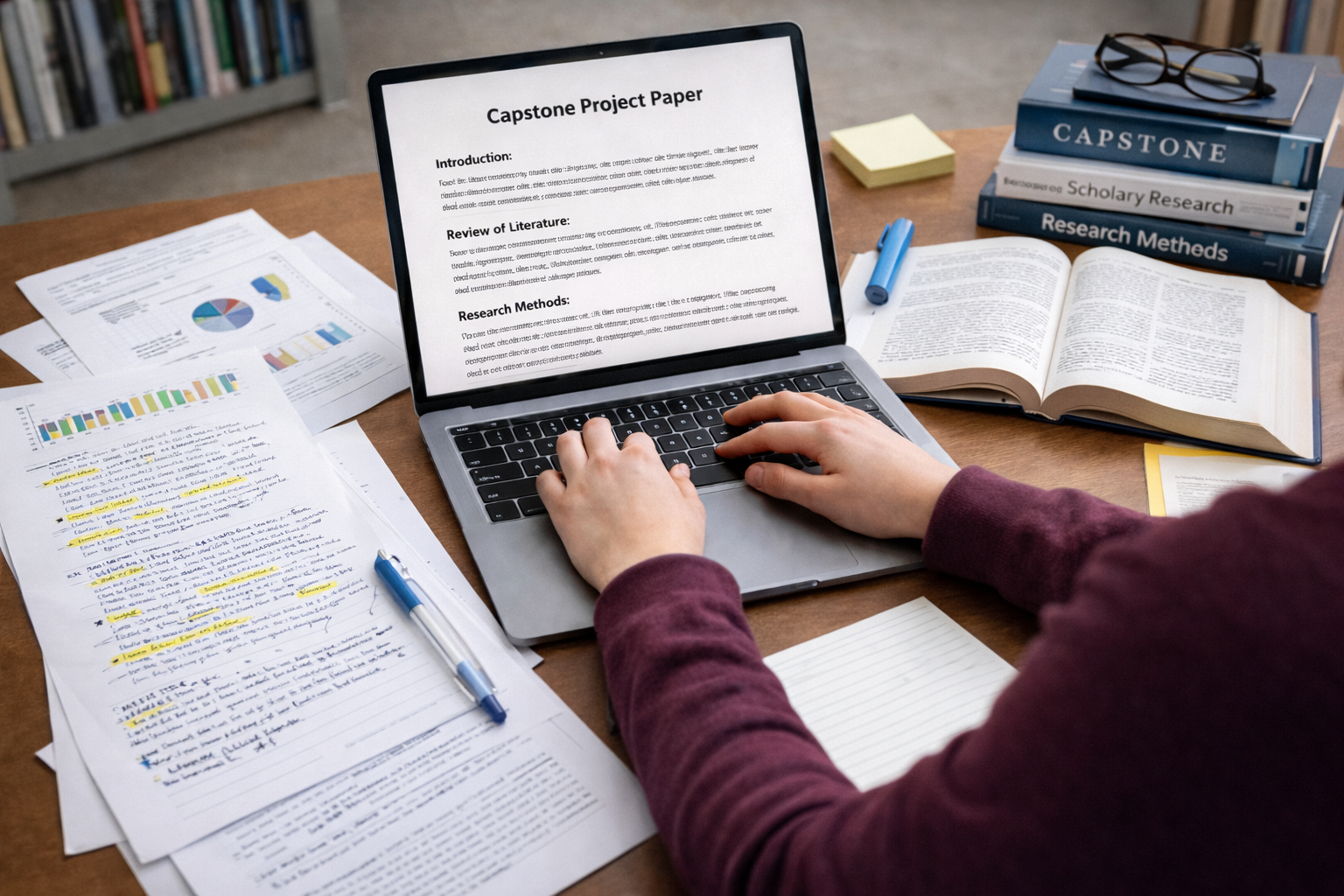 University student reviewing research notes and typing a capstone project paper on a laptop, with academic books and printed charts spread across a study desk.