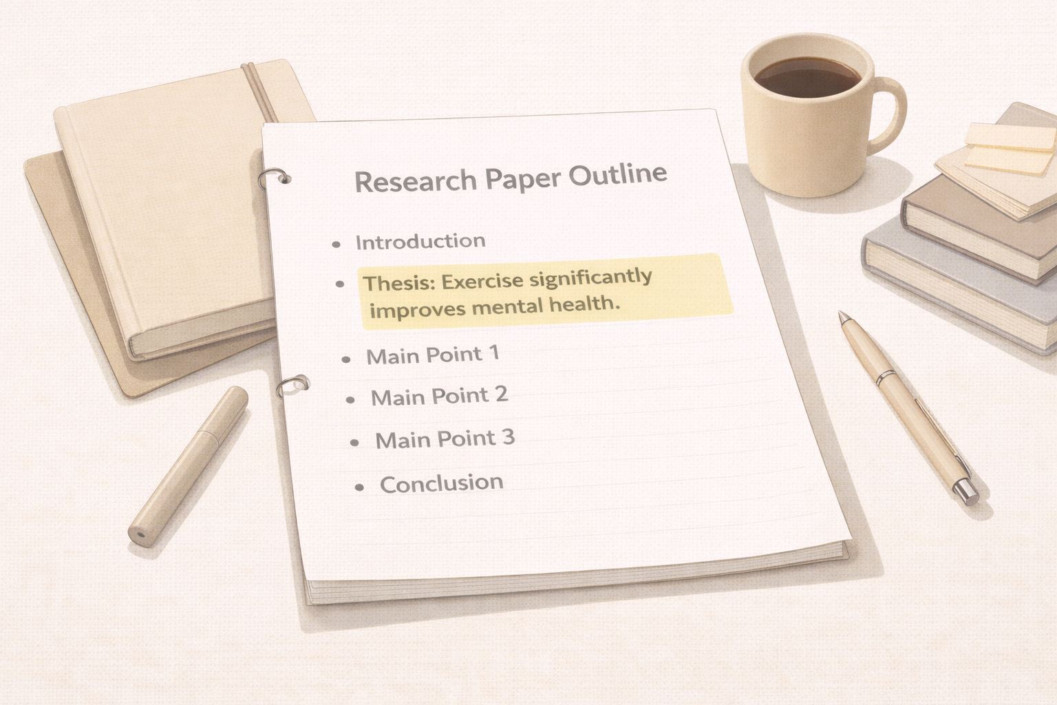 Minimalist academic illustration showing a research paper outline on a scholarly desk, with the thesis statement highlighted, surrounded by books and writing tools in neutral university tones and a clean, professional style.