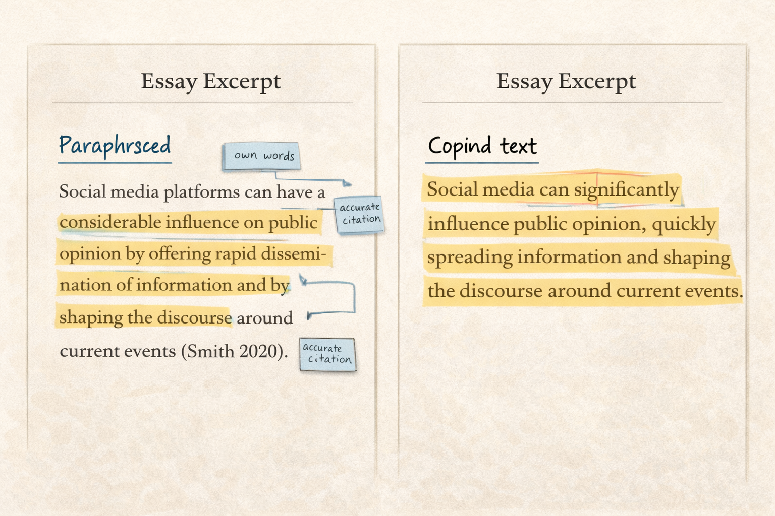 Professional academic illustration comparing two essay excerpts side by side, with one section showing correctly paraphrased text supported by citations and annotations, and the other displaying copied text highlighted to indicate plagiarism, presented in neutral scholarly tones.