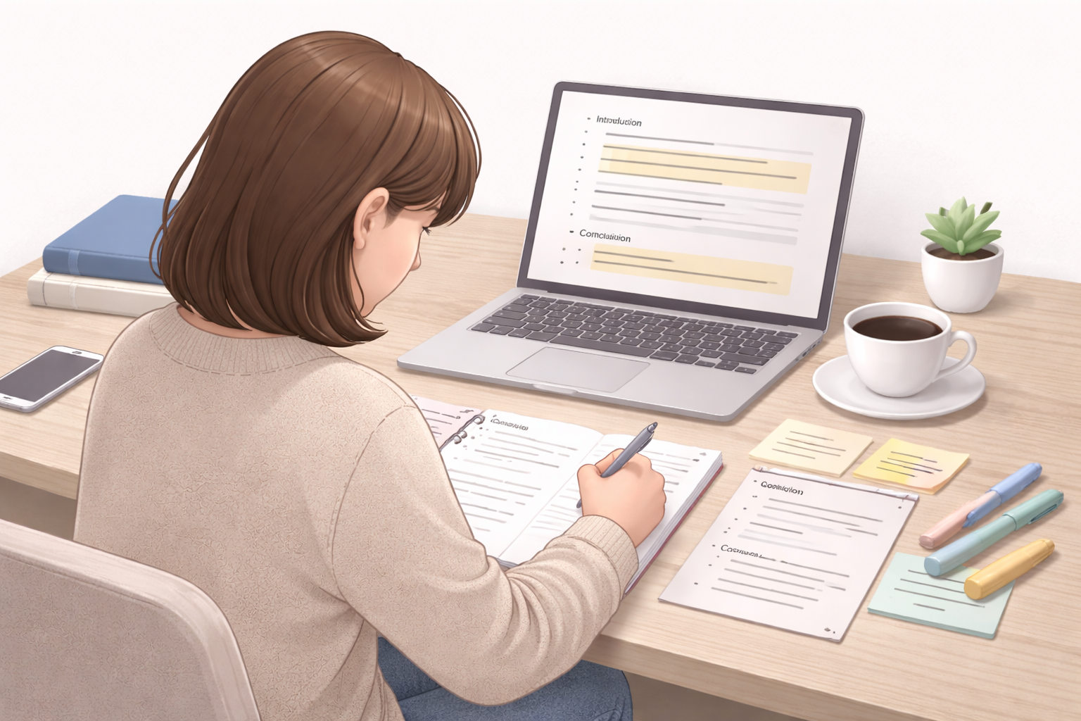 Clean academic illustration depicting a beginner student planning an essay at a desk, using notes, a structured outline, and highlighted key points, presented in a minimalist university style with a neutral scholarly colour palette.