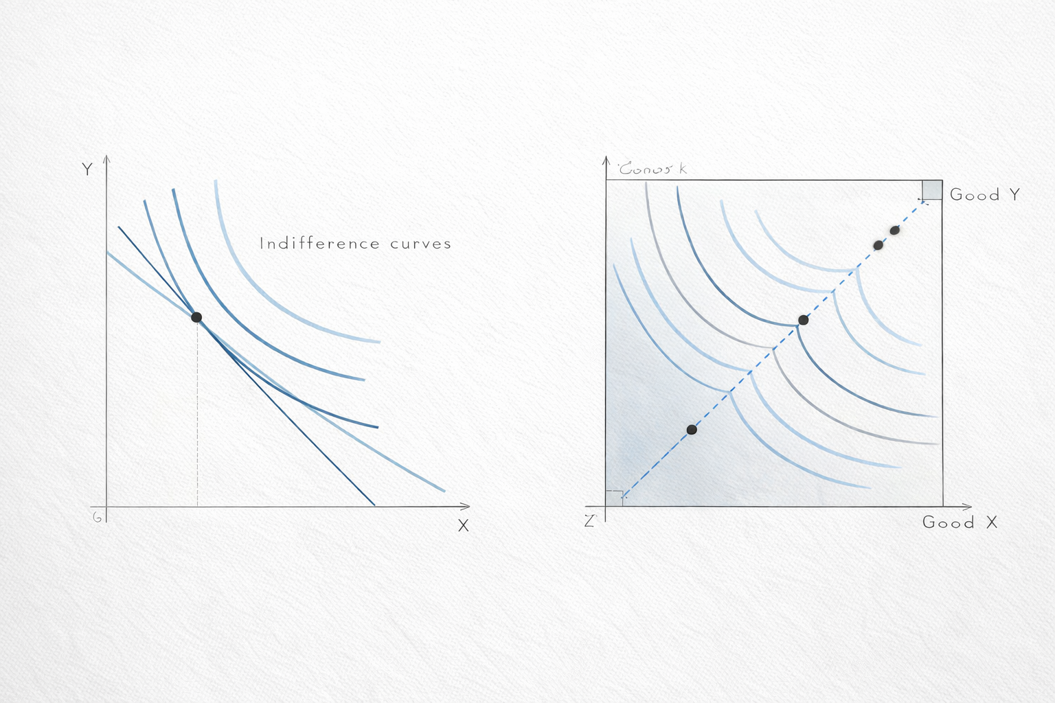 Minimalist academic illustration of microeconomics diagrams, showing indifference curves and a budget constraint alongside an Edgeworth box, drawn in neutral blue and grey tones on a clean whiteboard-style background.