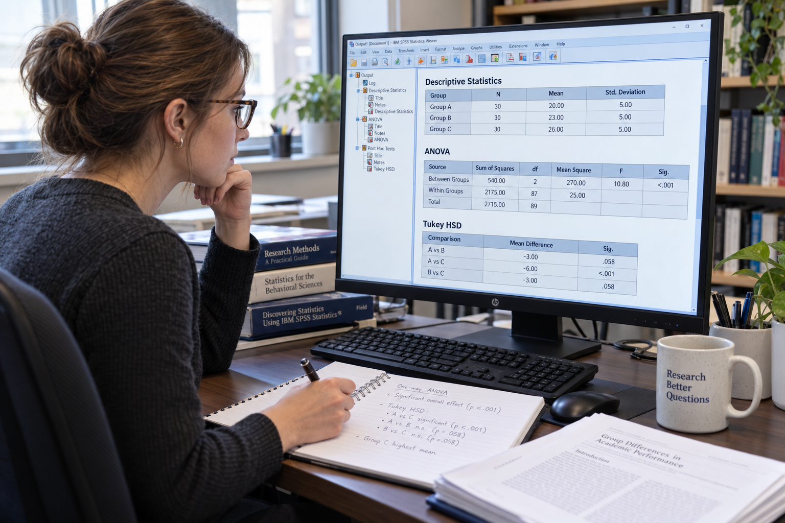 Researcher interpreting SPSS one-way ANOVA output and Tukey post hoc test results comparing three groups on a computer monitor.