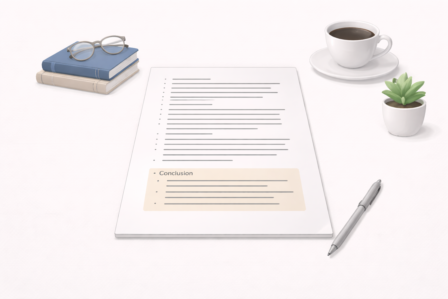Minimalist academic illustration showing a completed university essay with a clearly structured conclusion section highlighted, presented in a professional university style with neutral scholarly colours and a clean, calm composition.