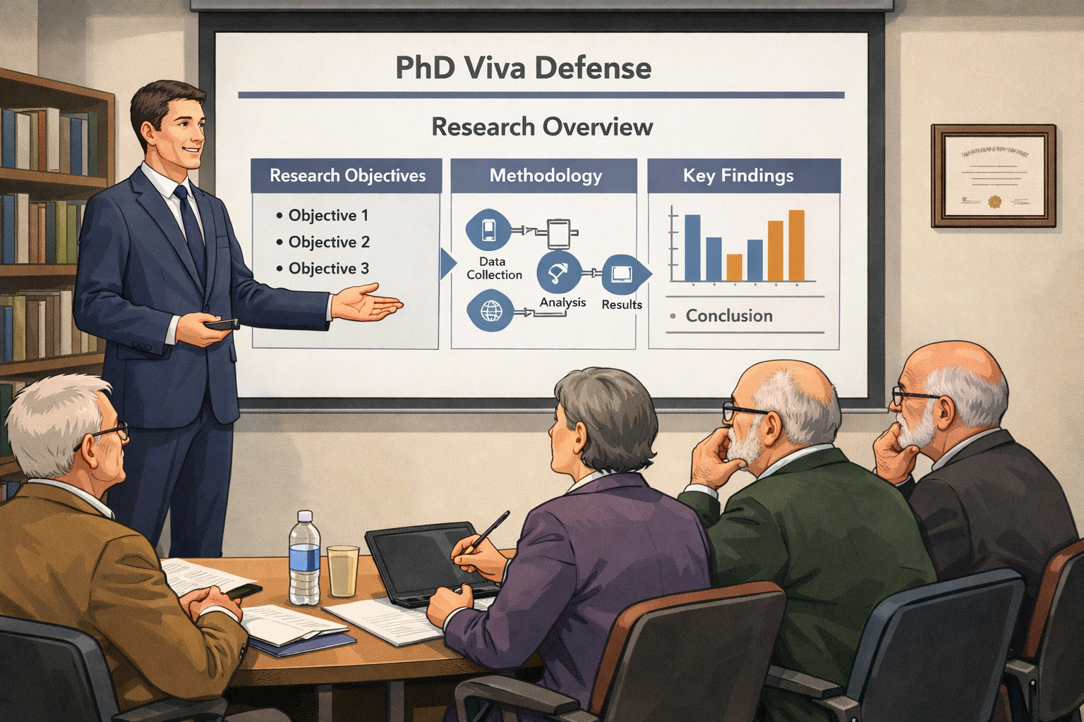 Professional academic illustration of a PhD student presenting research slides to a dissertation committee panel during a viva defense in a university setting, with professors seated and evaluating the presentation.