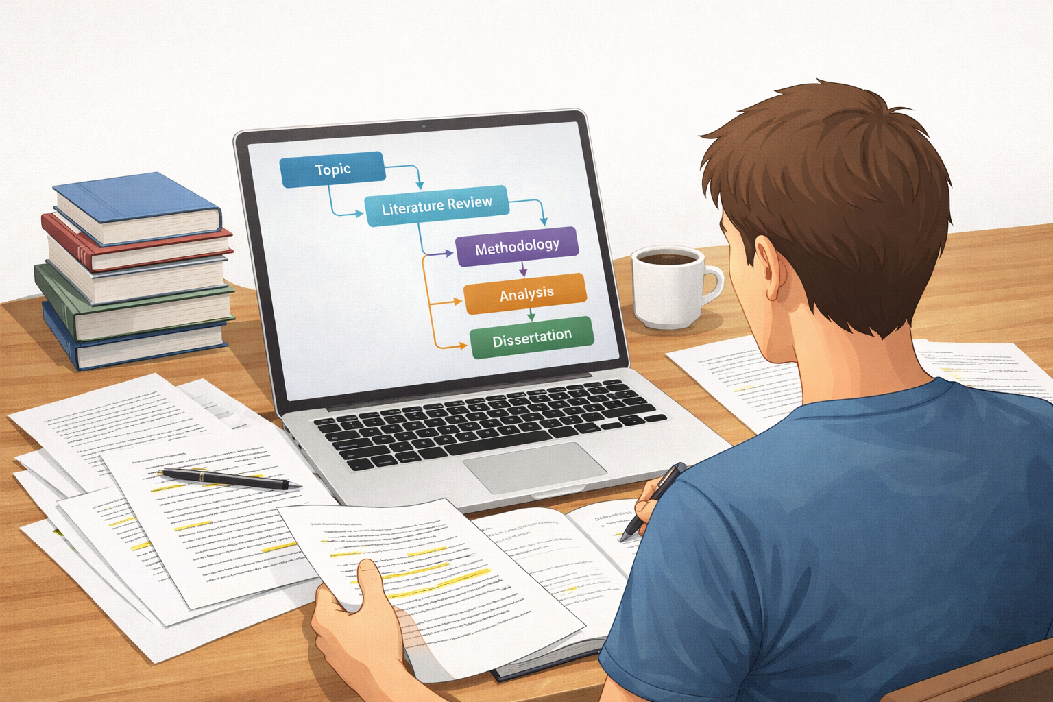 Minimalist academic illustration of a university student researching at a desk with books, a laptop, and scattered research papers, alongside a clear flow diagram showing the dissertation process: topic → literature review → methodology → analysis → dissertation.