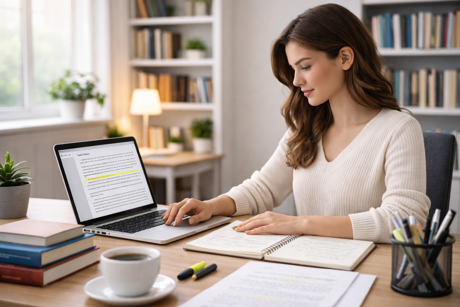 Focused university student working on a thesis on a centered laptop at a clean desk with minimal books and notes in a softly lit academic environment