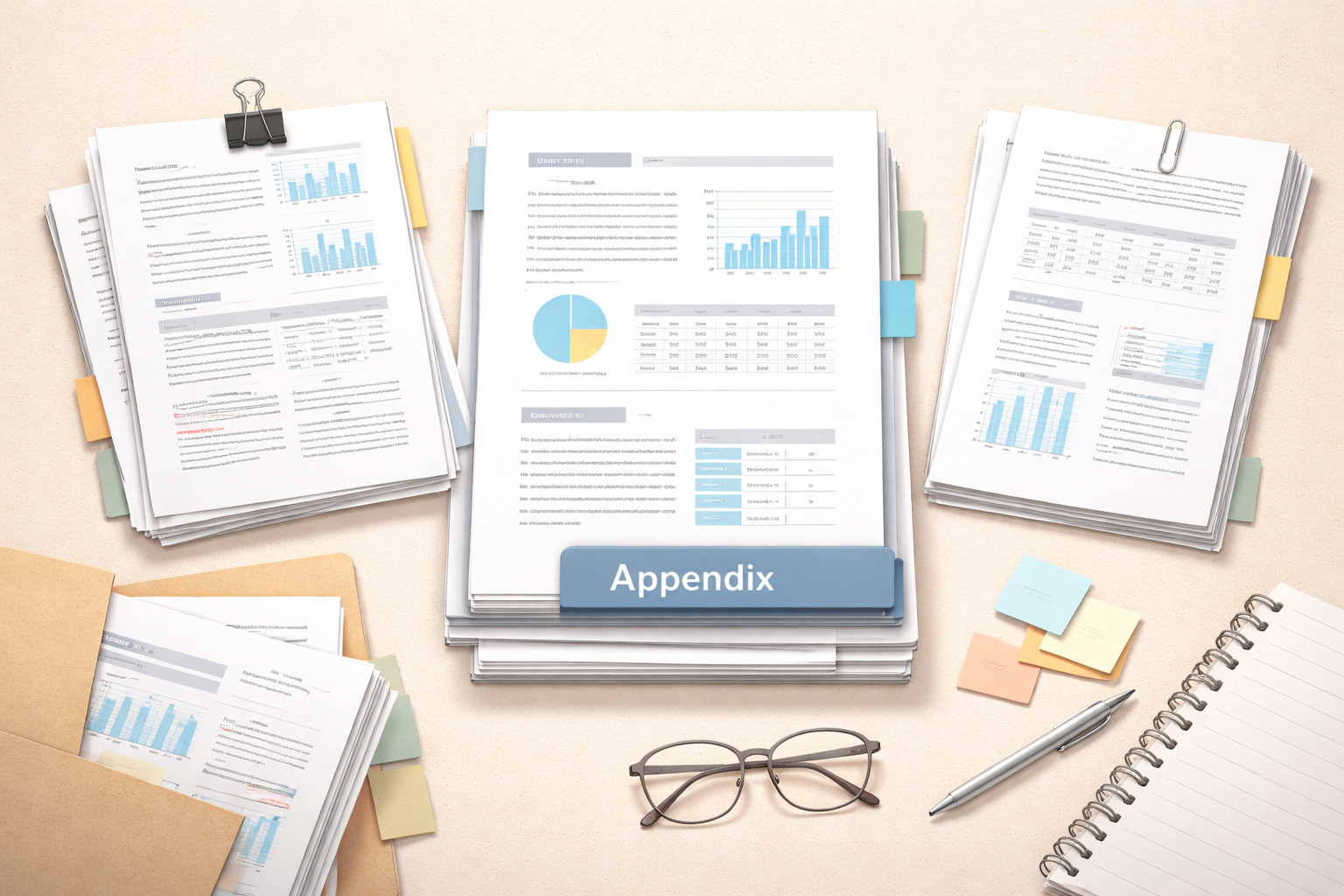 Minimalist academic illustration showing a structured research report with neatly organised appendices and supporting documents stacked on a desk, including charts, tables, notes, and stationery, presented in a clean professional university-style layout.