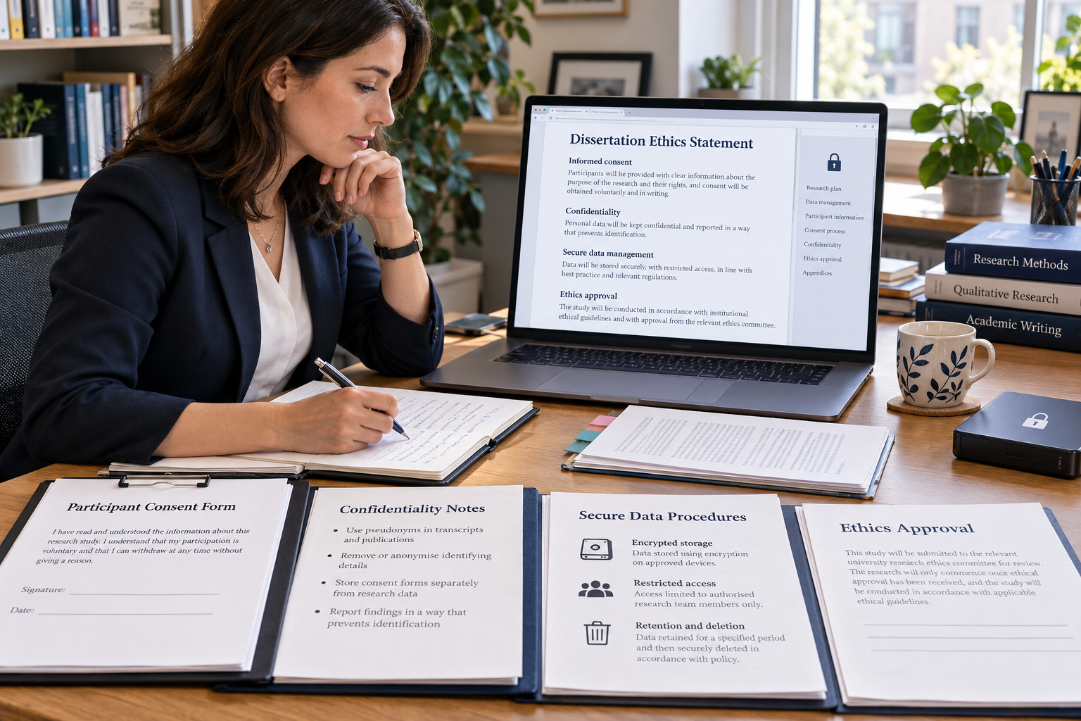 University researcher preparing a dissertation ethics statement beside consent forms, confidentiality notes, secure data procedures, and ethics approval documents.