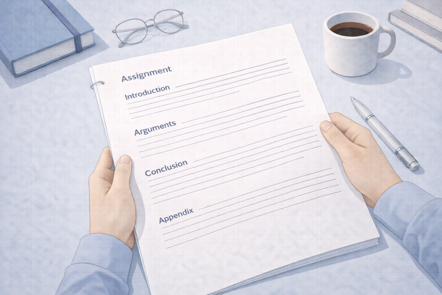 Minimalist academic illustration of a university student reviewing an assignment on a desk, showing clearly structured sections and an appendix at the end, presented in a clean university style with neutral blue and grey tones.