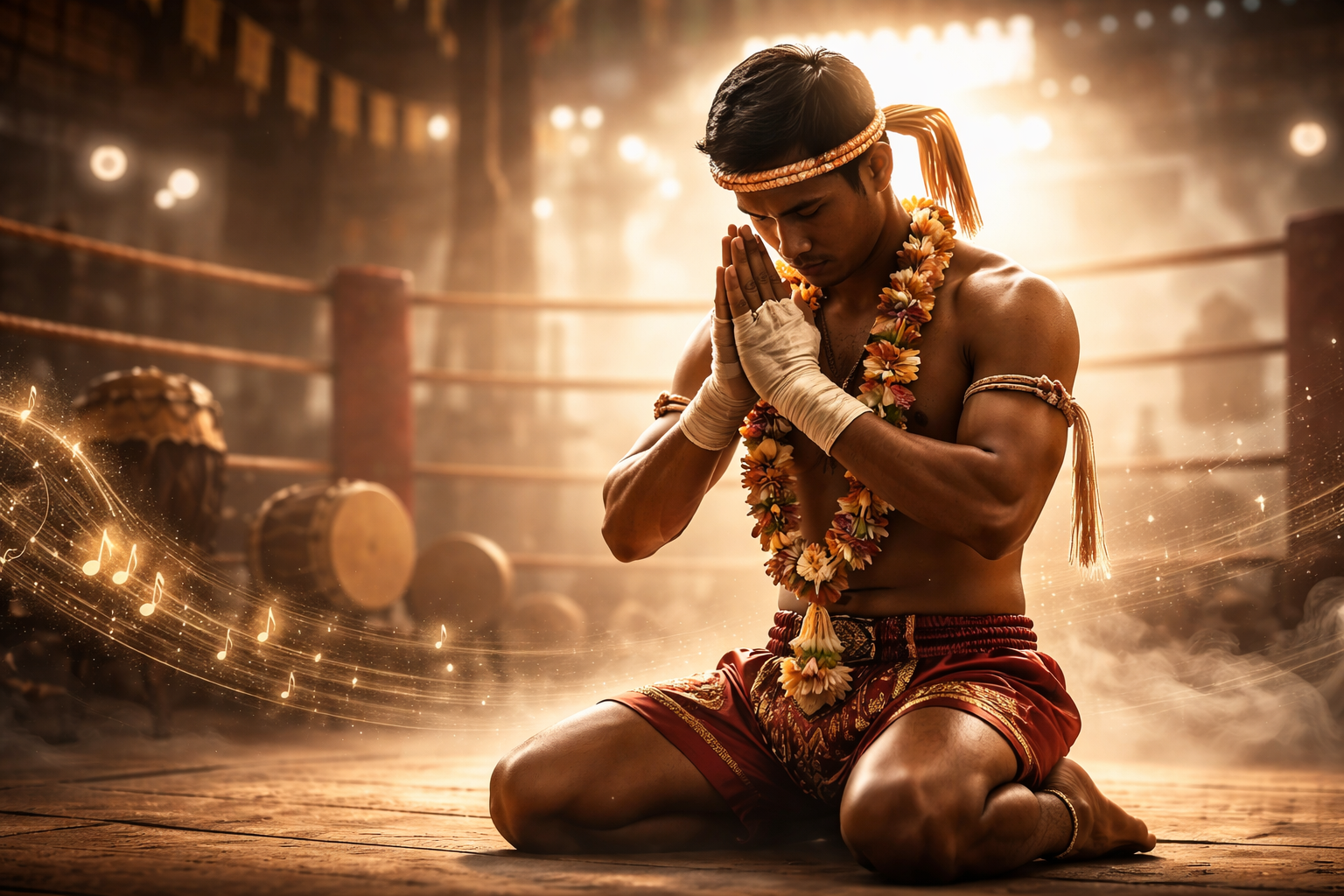 Academic cultural tourism cover image showing a traditional Muay Thai fighter performing the Wai Khru ritual in a historic Thai gym or stadium, illuminated by warm cinematic lighting and subtle musical motifs, conveying Muay Thai as intangible cultural heritage within a minimalist, scholarly visual style.