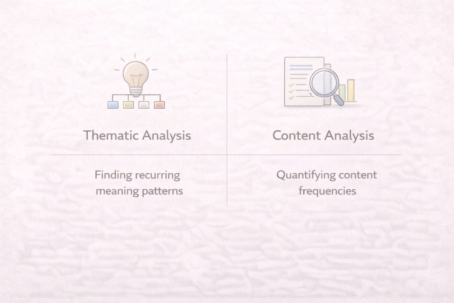 Minimalist academic comparison infographic contrasting thematic analysis and content analysis, displayed in a two-column layout with icons representing pattern-based meaning interpretation versus quantitative content measurement in a clean university-style design.