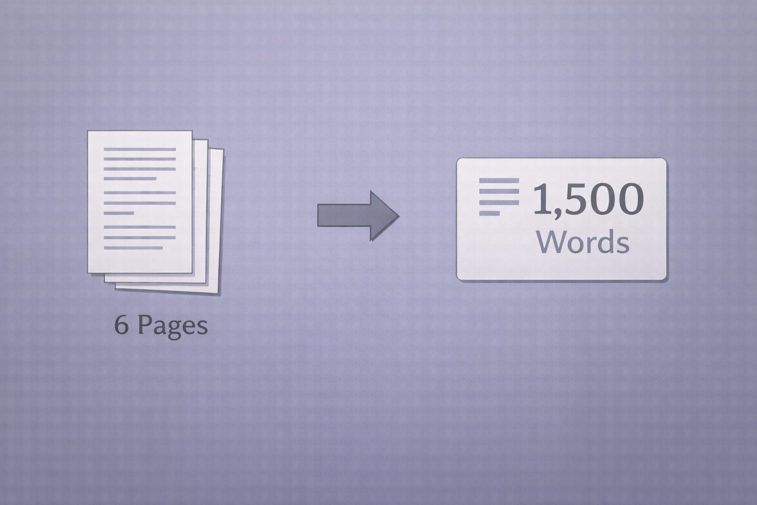 Minimalist academic illustration showing document page icons transforming into a word count figure, with arrows indicating conversion from page length to total words, presented in a clean university style with neutral blue and grey tones and an instructional tone.