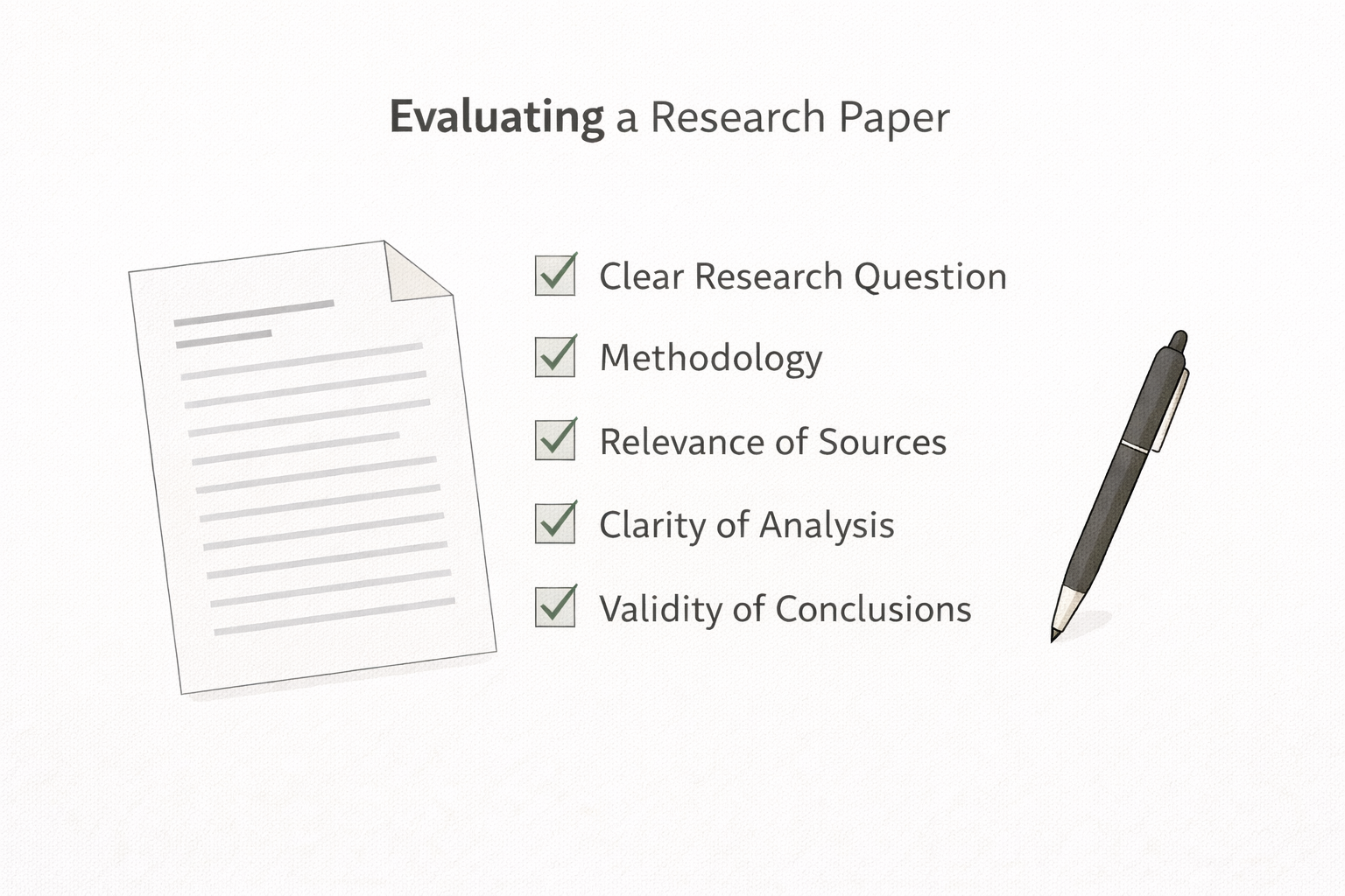 Minimalist academic illustration of a research paper evaluation checklist, featuring ticked criteria such as clarity, methodology, evidence, and referencing, presented in a clean university style with neutral colours.