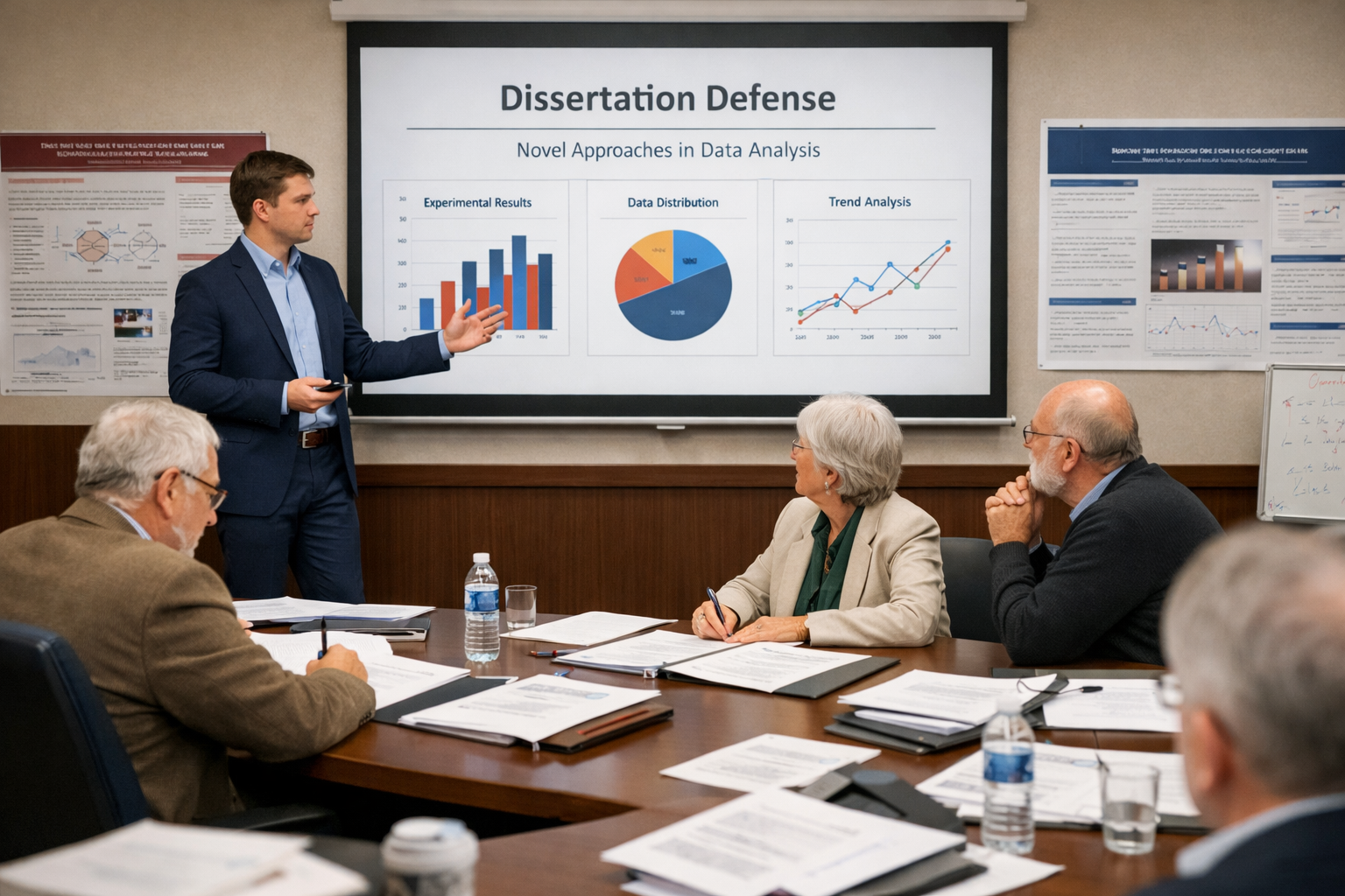 Graduate student presenting dissertation slides with data charts to a panel of professors in a university defense room, with research papers and notes on the table.