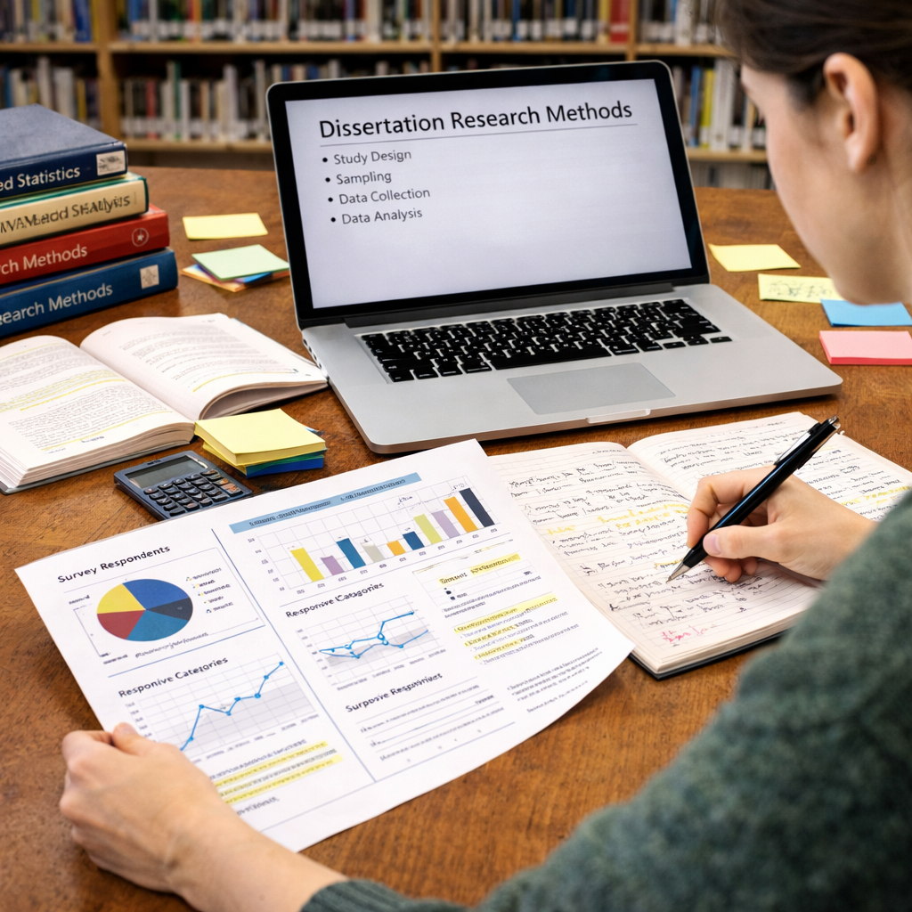 Graduate student analyzing dissertation research methods at a university library desk with laptop, charts, statistical graphs, academic books, and detailed research notes in a focused study environment