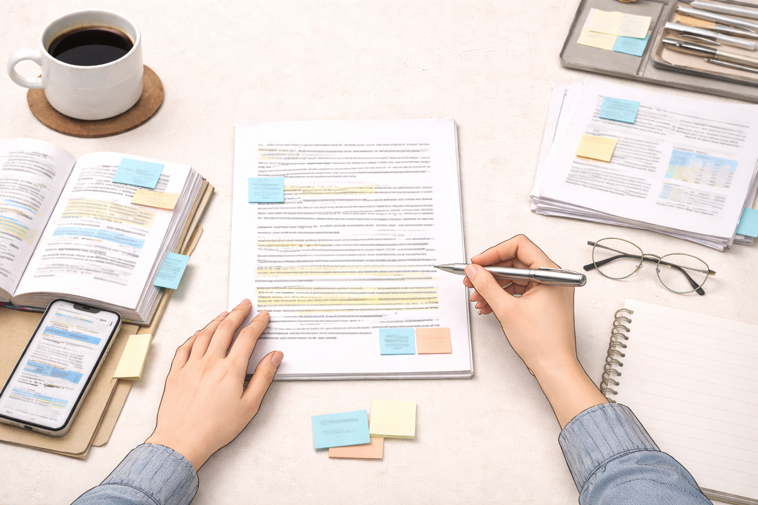 Minimalist academic illustration showing a student revising the final paragraph of an essay at a clean university desk, with notes, highlighted sections, and a pen arranged neatly in professional neutral tones.