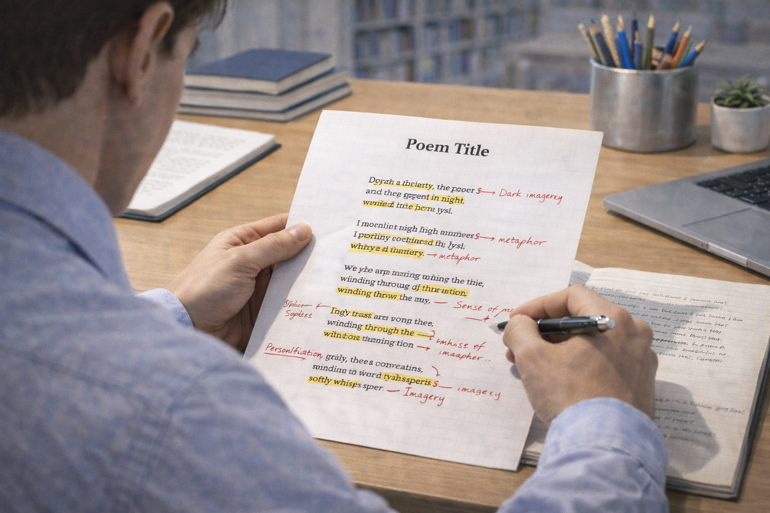 Academic illustration of a student analysing a poem at a desk, with annotated verses and highlighted imagery visible on the page, set in a calm and focused academic study environment.