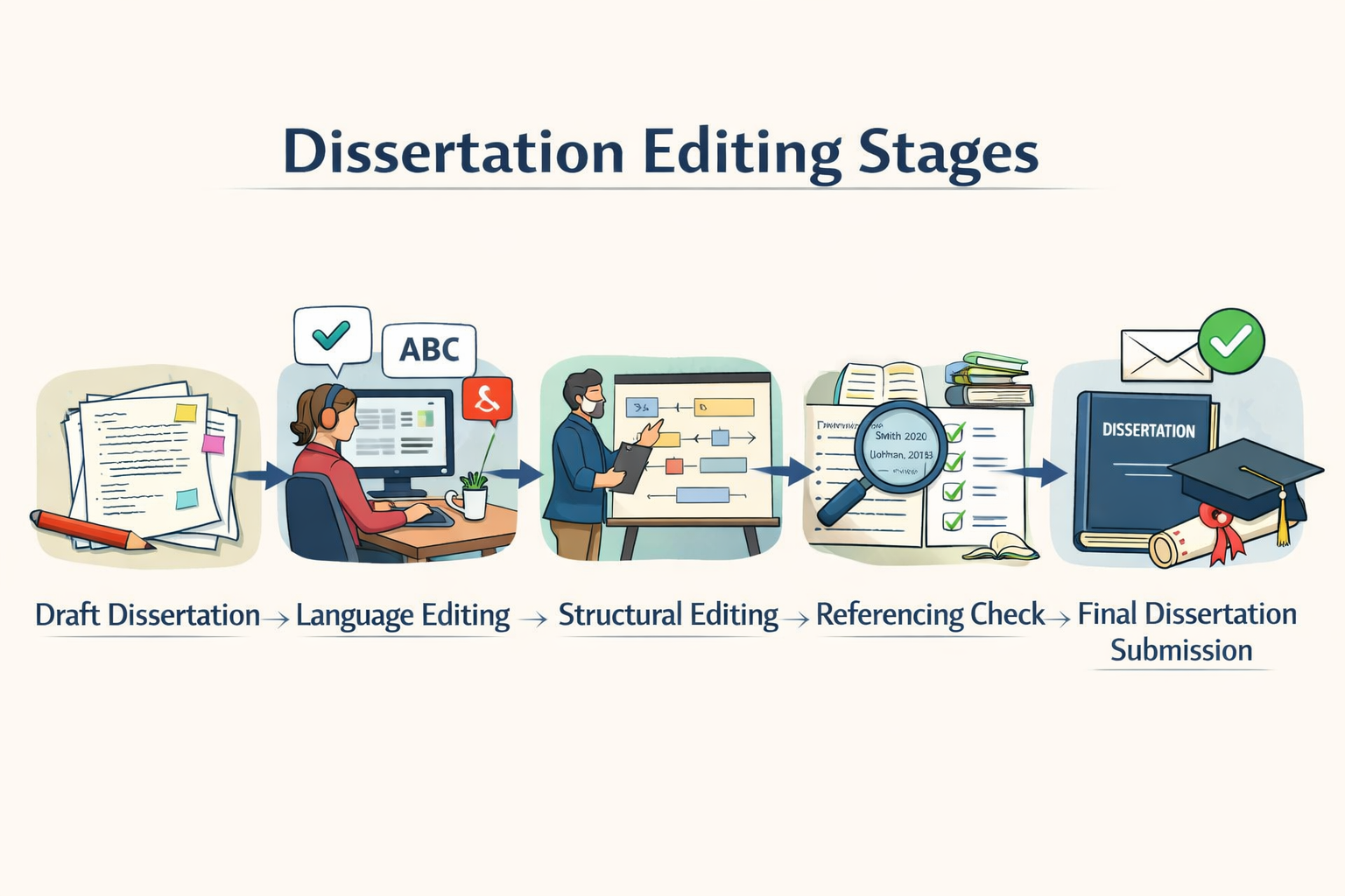 Clean academic infographic illustrating dissertation editing stages in a horizontal workflow: draft dissertation, language editing, structural editing, referencing check, and final dissertation submission, each represented with simple icons and connected by directional arrows.