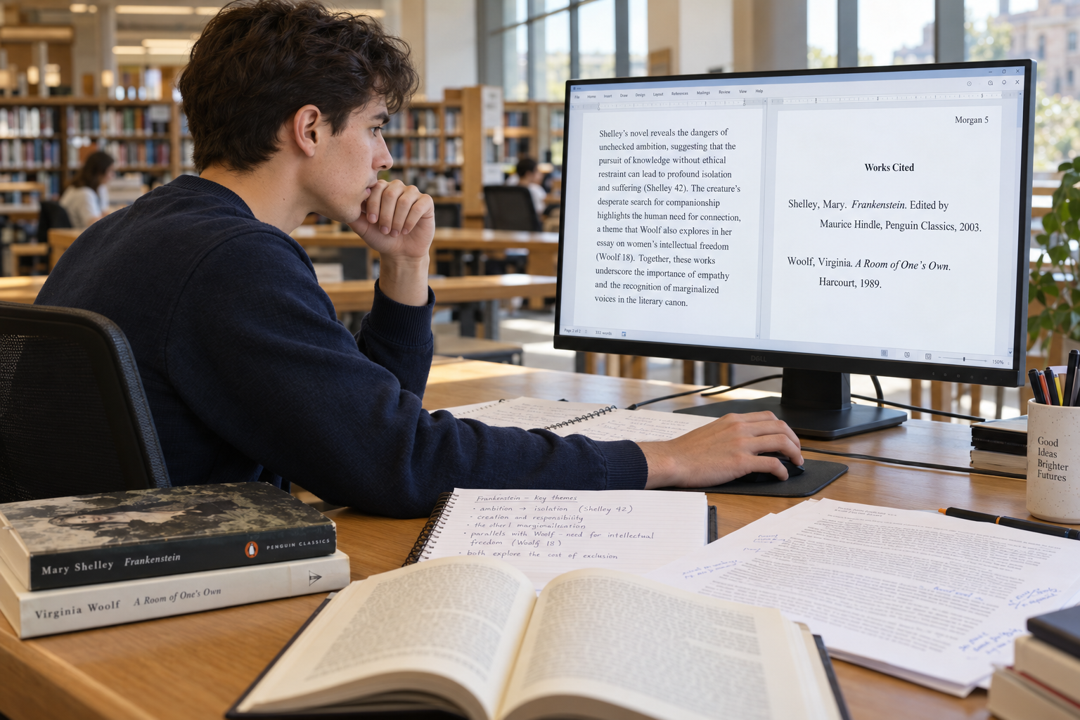 University student formatting MLA 9 in-text citations and a Works Cited page on a computer monitor.