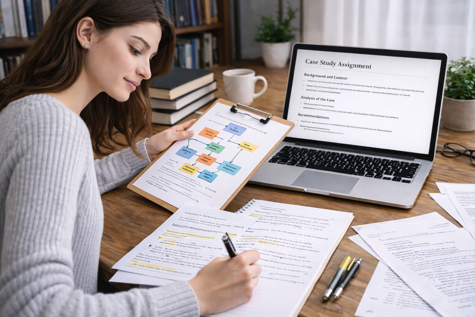 University student seated at a professional academic desk organising structured notes and hand-drawn diagrams for a case study assignment, with textbooks and a laptop open beside them.