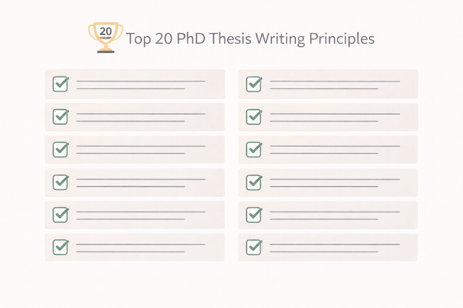 Minimalist academic infographic presenting a structured checklist layout that visually represents key principles for effective PhD thesis writing, designed in a clean university style with neutral scholarly tones.