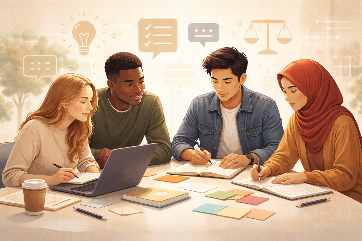 Academic professional-development illustration showing a diverse group of students collaborating around a table with notebooks, a laptop, and feedback notes, with subtle icons representing reflection, ethical decision-making, and learning, rendered in warm neutral tones with a minimalist educational aesthetic.