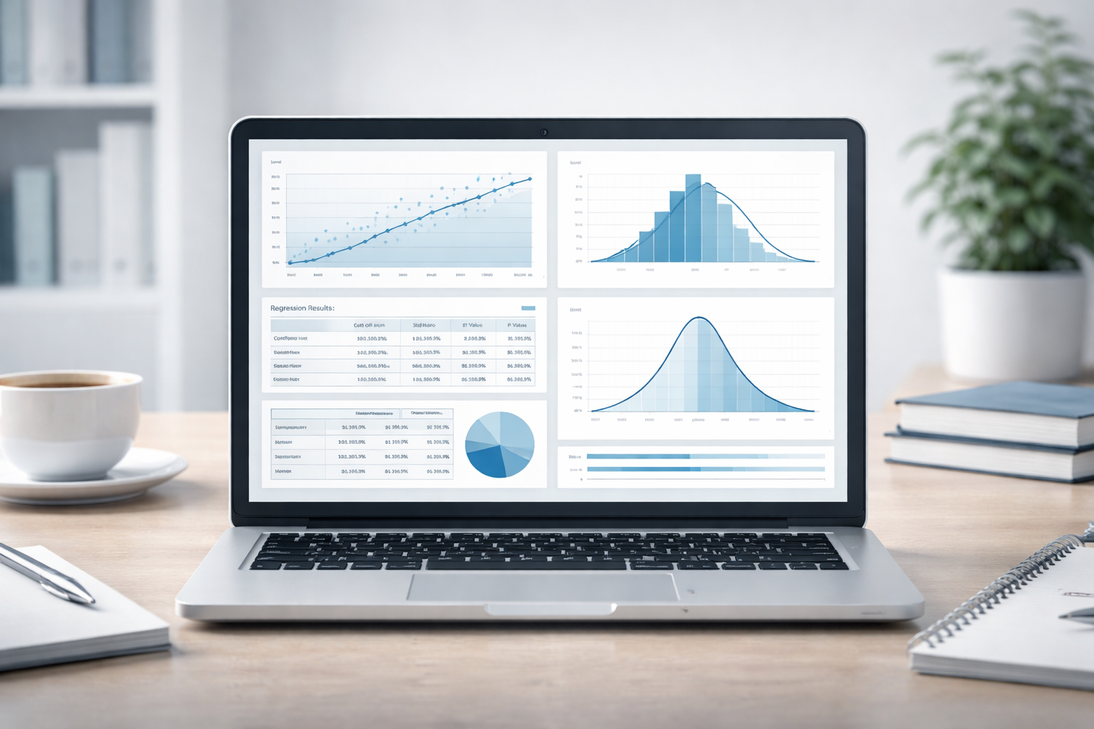Academic econometrics cover illustration showing a minimalist workspace with a laptop displaying statistical charts, regression tables, and probability distribution curves, rendered in neutral blue and grey tones with a clean, university-style analytical aesthetic.