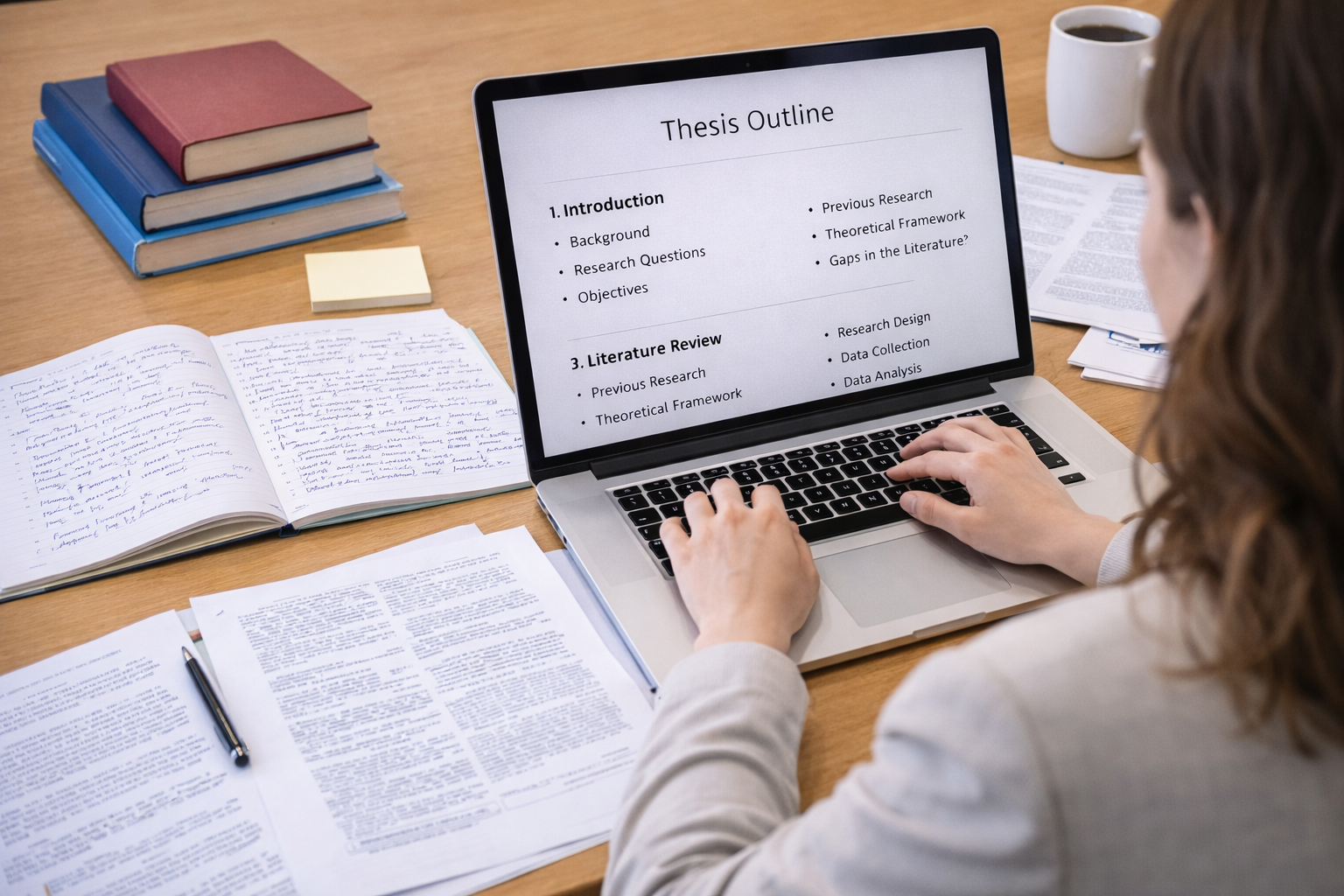University student planning thesis chapters on a laptop with a structured outline visible on the screen, surrounded by notebooks, research papers, and academic books on a study desk