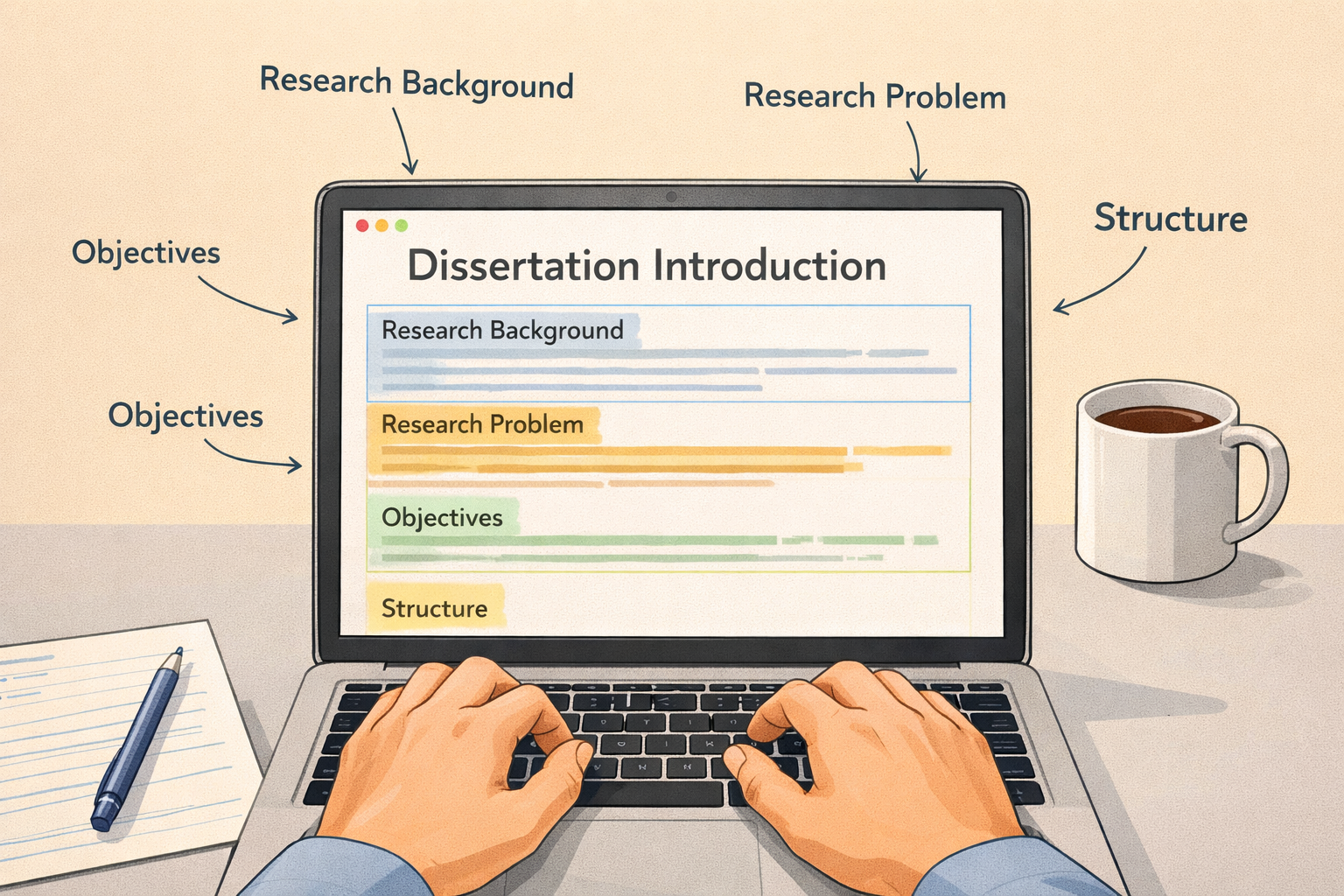 Minimal academic illustration of a student writing a dissertation introduction on a laptop, with highlighted sections labeled research background, research problem, objectives, and structure in a clean and organized study environment.