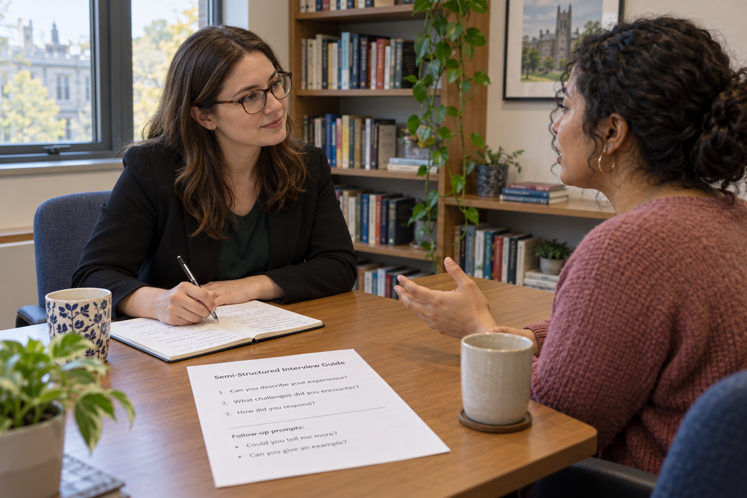 Researcher conducting a semi-structured qualitative interview using an open-ended interview guide and taking handwritten notes.