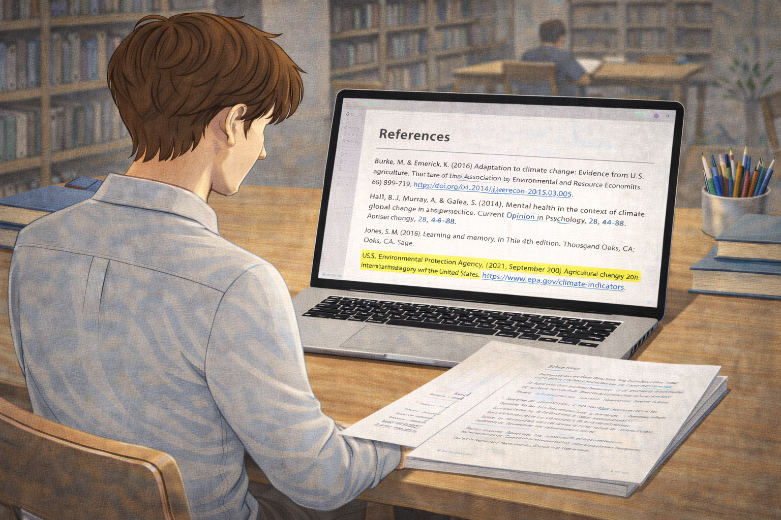 Academic illustration of a university student working on a laptop with an APA 7 reference list visible on the screen, highlighting a correctly formatted website citation, surrounded by academic papers and books in a scholarly study environment.