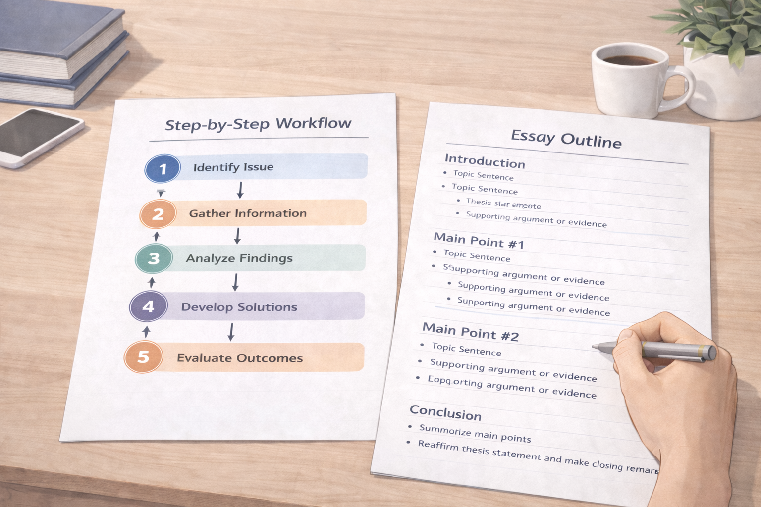 Academic illustration of a university desk showing a step-by-step workflow diagram beside a structured essay outline, with study materials arranged neatly in a calm scholarly environment.