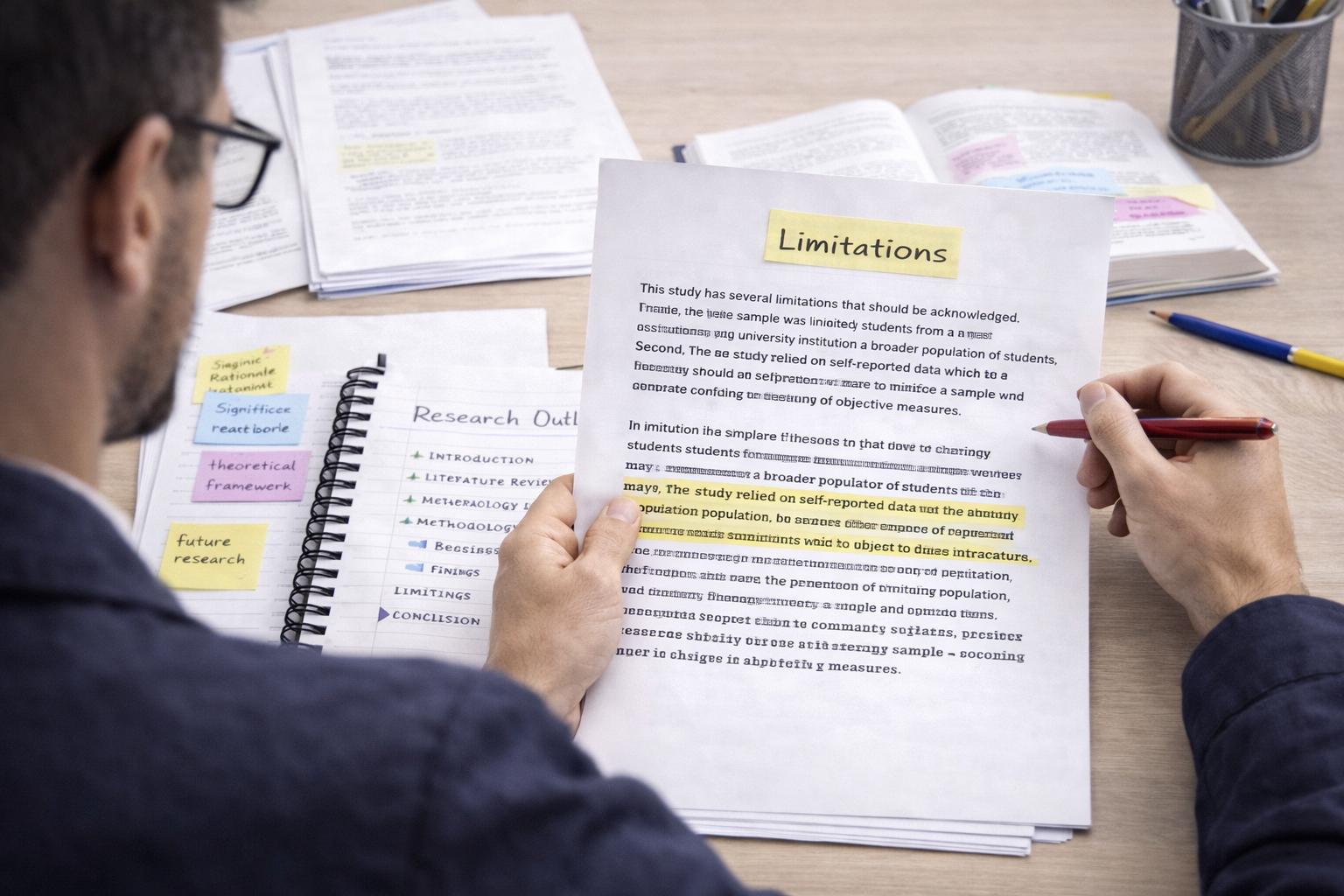 Graduate student reviewing a dissertation draft with the “Limitations” heading highlighted, surrounded by academic notes and a structured research outline on a desk.