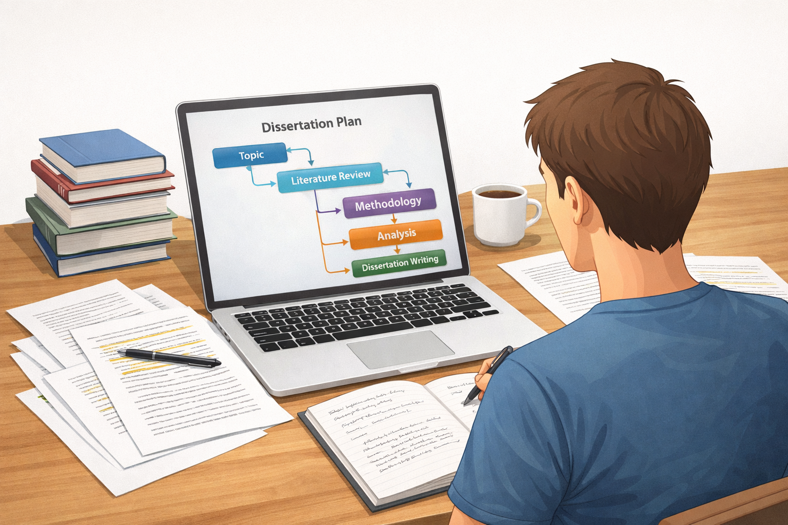 Minimalist academic illustration of a graduate student planning a dissertation at a desk with a laptop, books, and research papers, featuring a structured workflow diagram showing topic → literature review → methodology → analysis → dissertation writing.